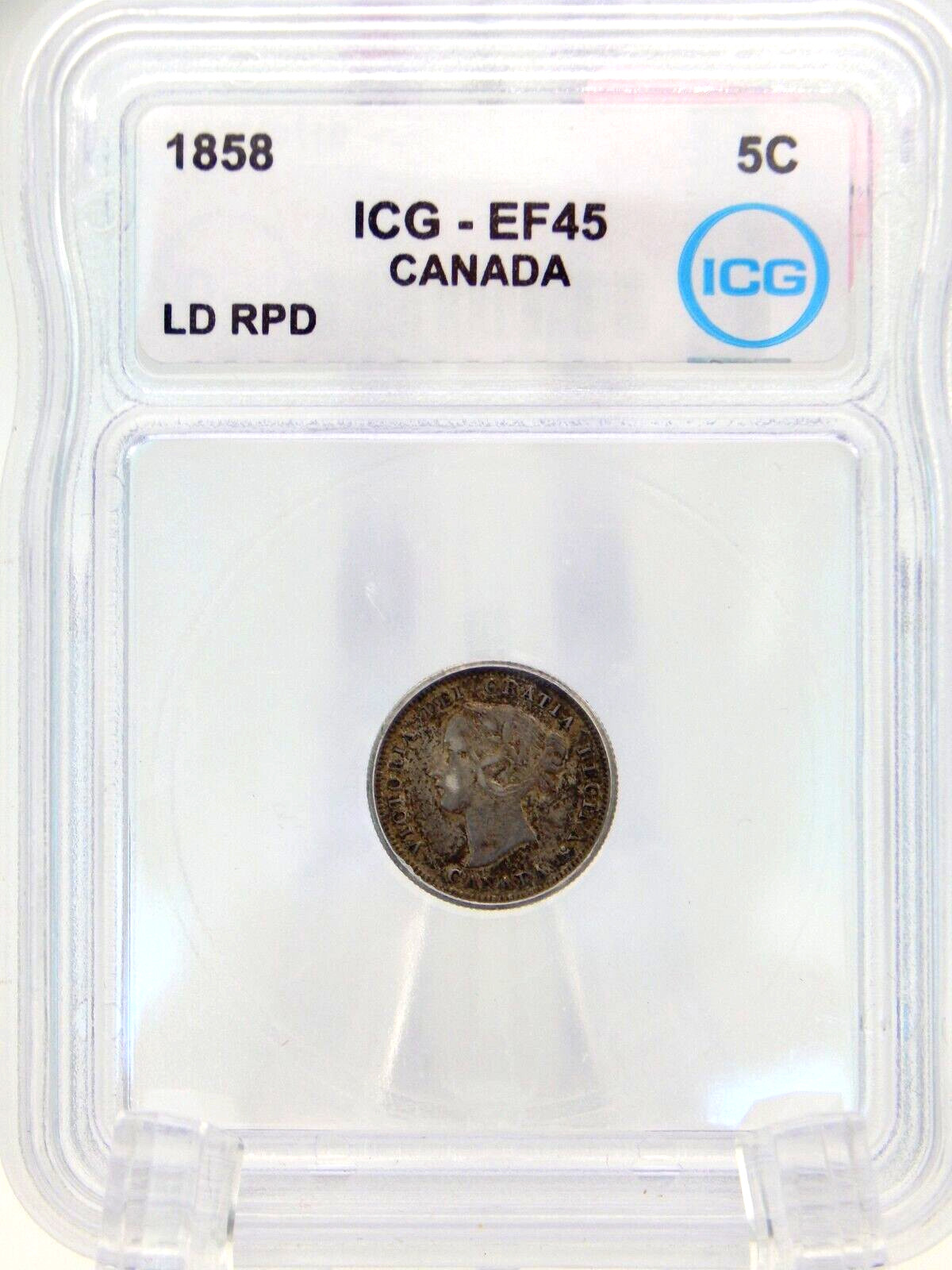 1858 Canada 5 Cent Piece Coin - Nickel - ICG Graded EF 45 -(BT724
