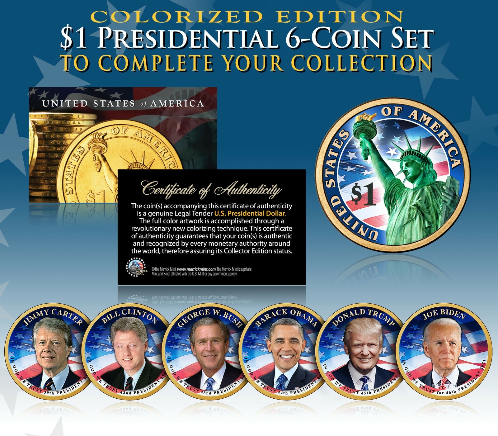 LIVING PRESIDENTS TRUMP & Biden Presidential US Dollars 6-COIN SET 2-Sided COLOR