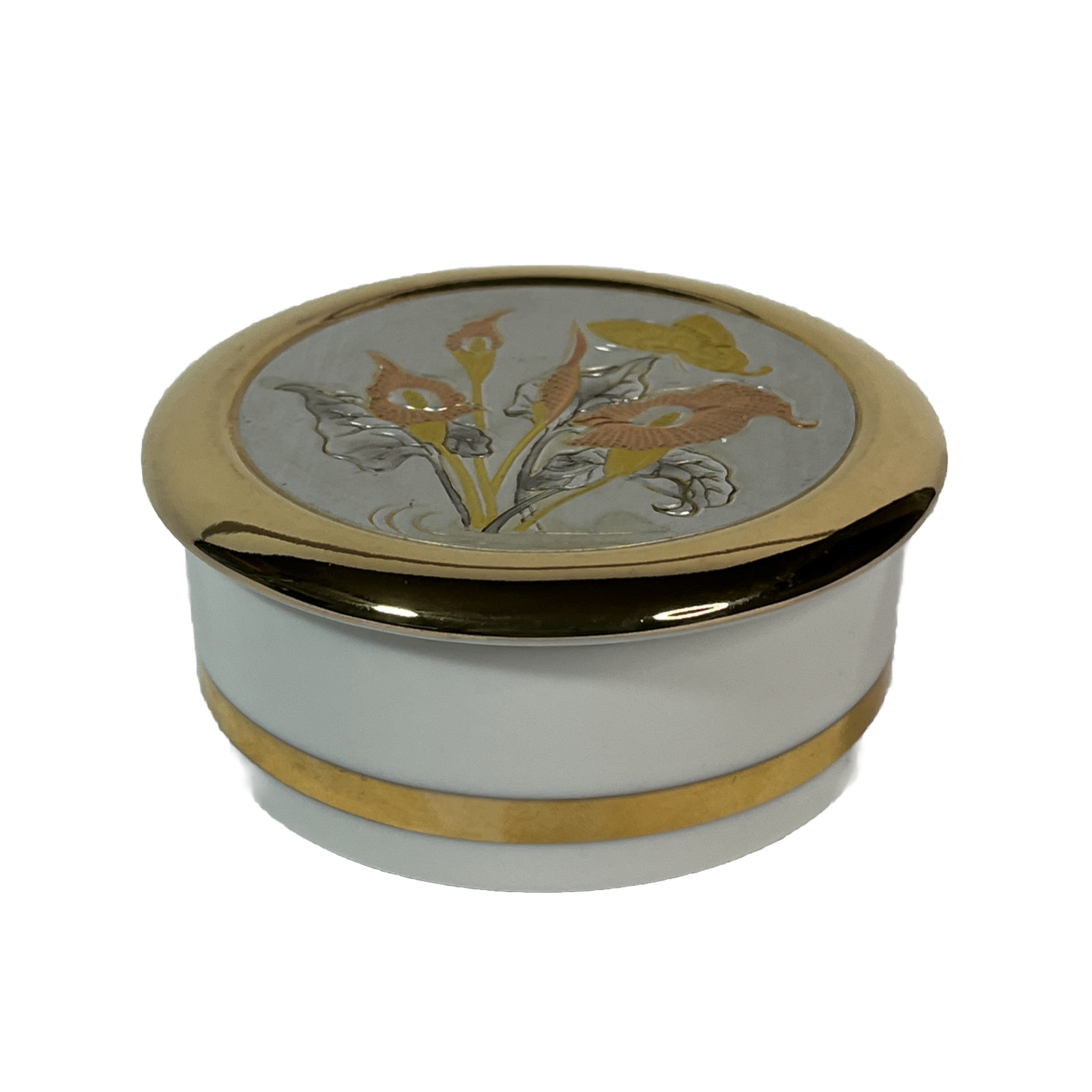 The Art of Chokin Japan 3.5” Round Porcelain Trinket Box Flowers 24K Gold Trim
