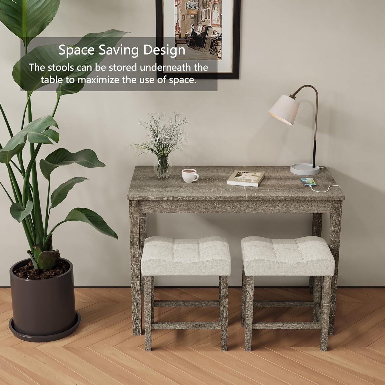 3-Piece Counter Height Bar Table Set with Socket and 2 Fabric Padded Bar Stools,