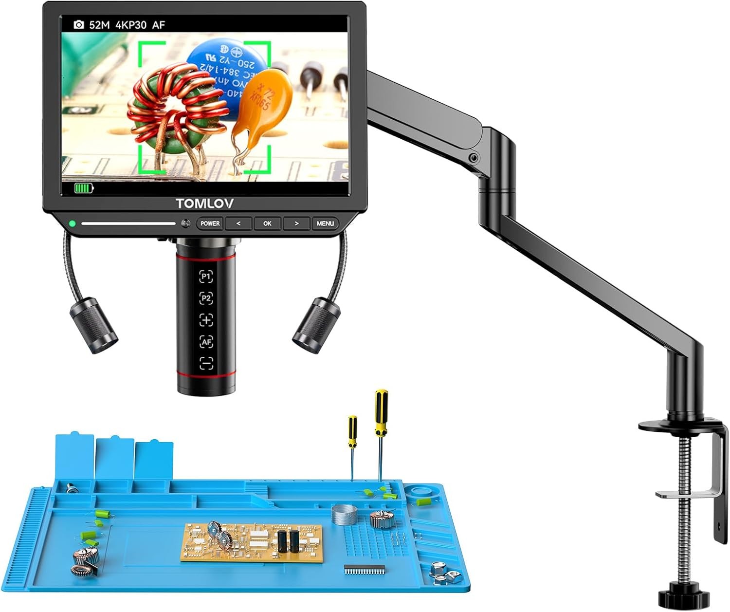 TOMLOV 2000X Autofocus Digital Soldering Microscope with Screen 4k Flexible Arm