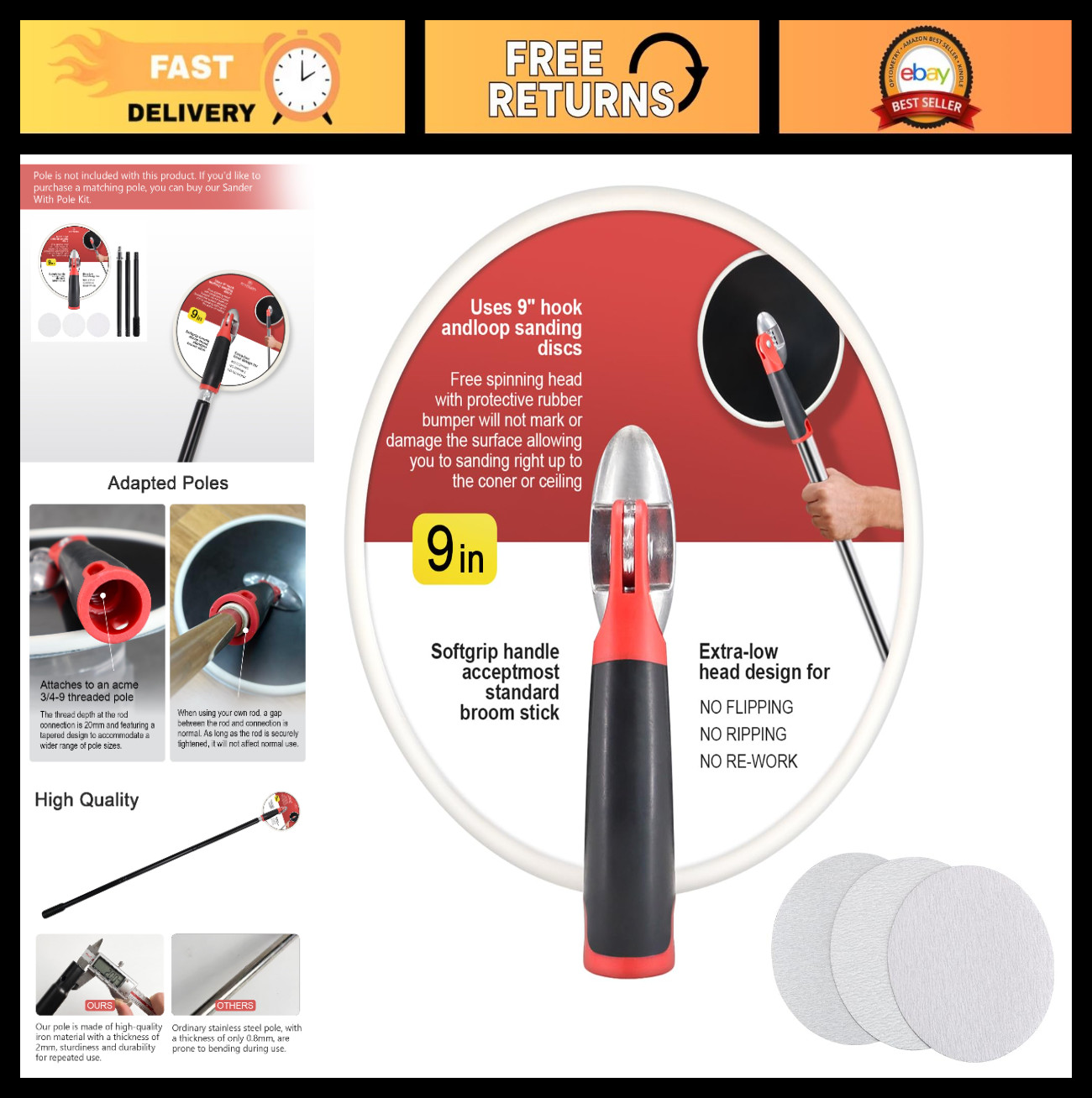 9" Drywall Sander Pole Tool with 3 Sanding Sheets - 80/100/150 Grits, Round Desi