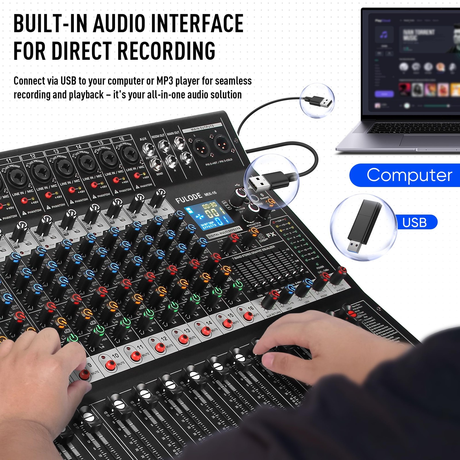 FULODE 16-Channel Audio Mixer with 99 DSP, Professional