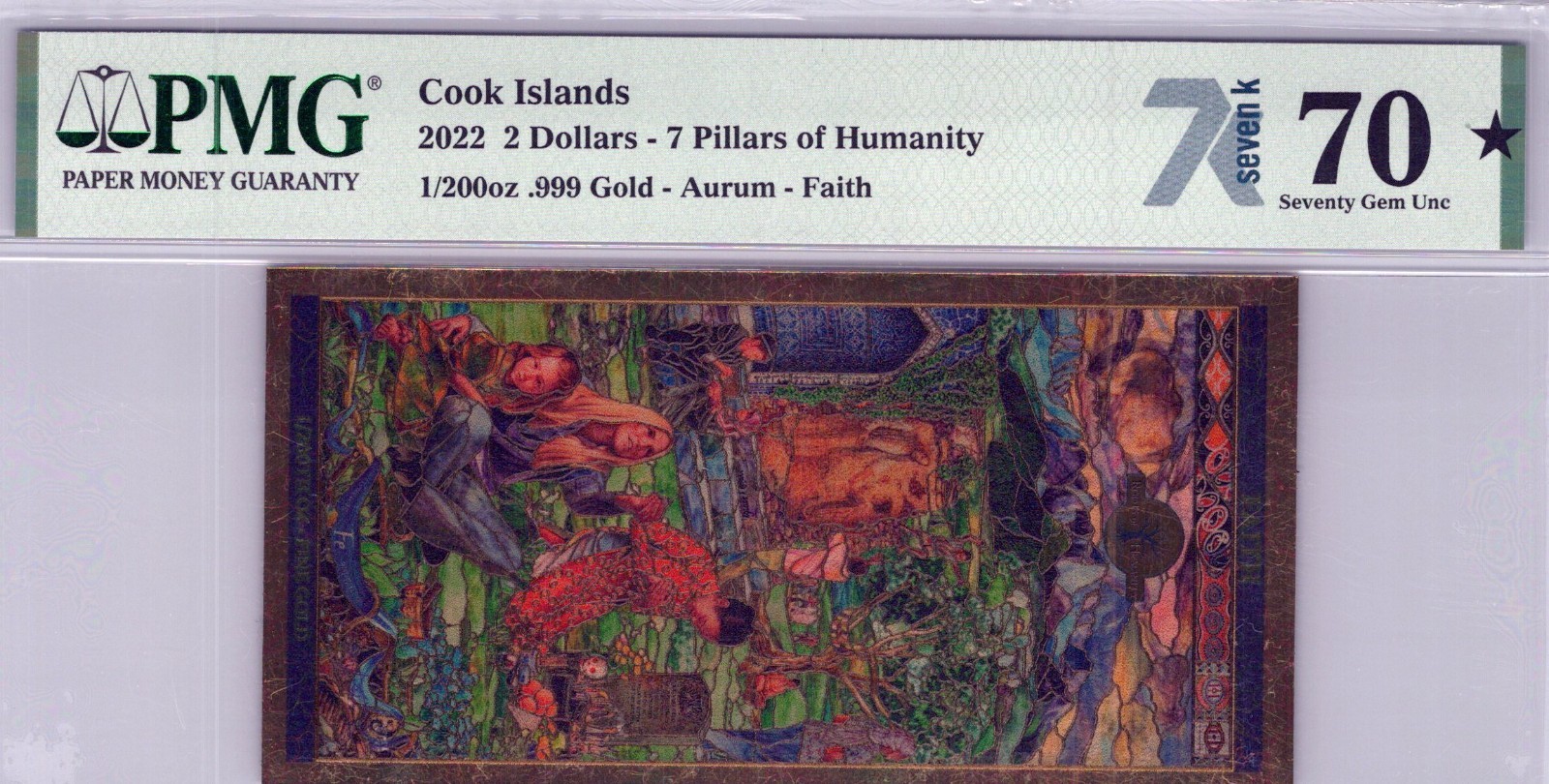 Cook Islands 2 Dollars "7 Pillars of Humanity" GOLD NOTE 2022 PMG 70 GEM UNC
