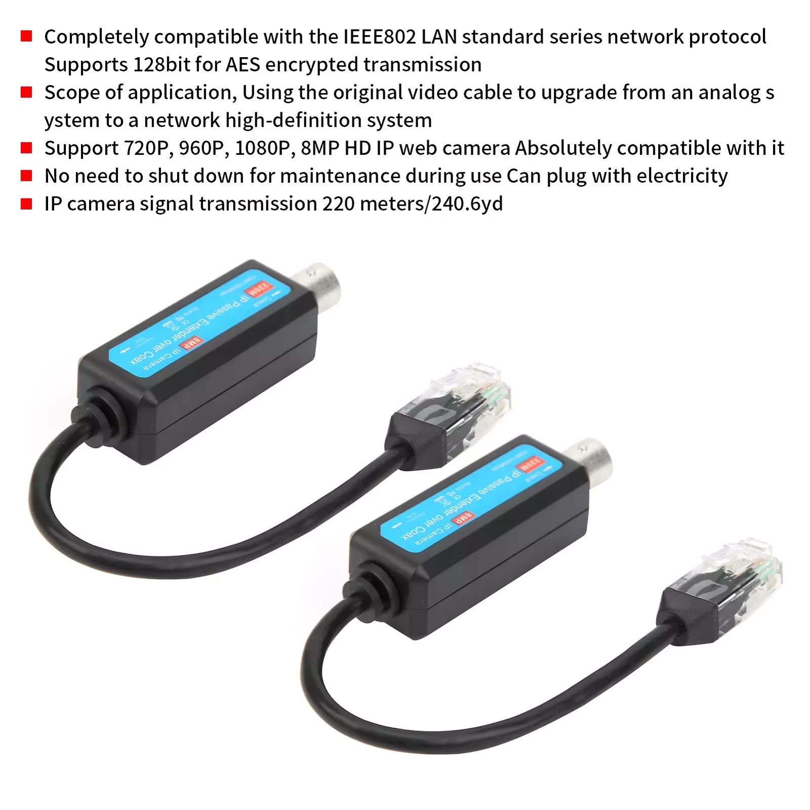 1Pair Passive Coaxial lP Extender 10/100mbps lEEE802.3 10Base-T PAL/NTSC/SECAM