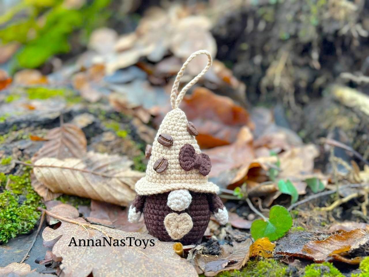 Coffee gnome keychain, Crochet PDF pattern gnome with coffee beens