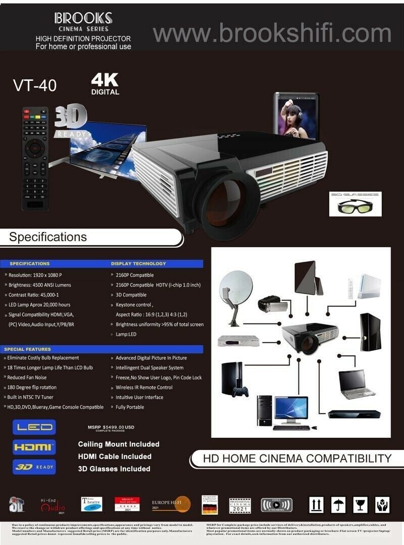 Brooks Cinema Series VT40 Home Theater Projector & Ceiling Mount Open Box Bundle