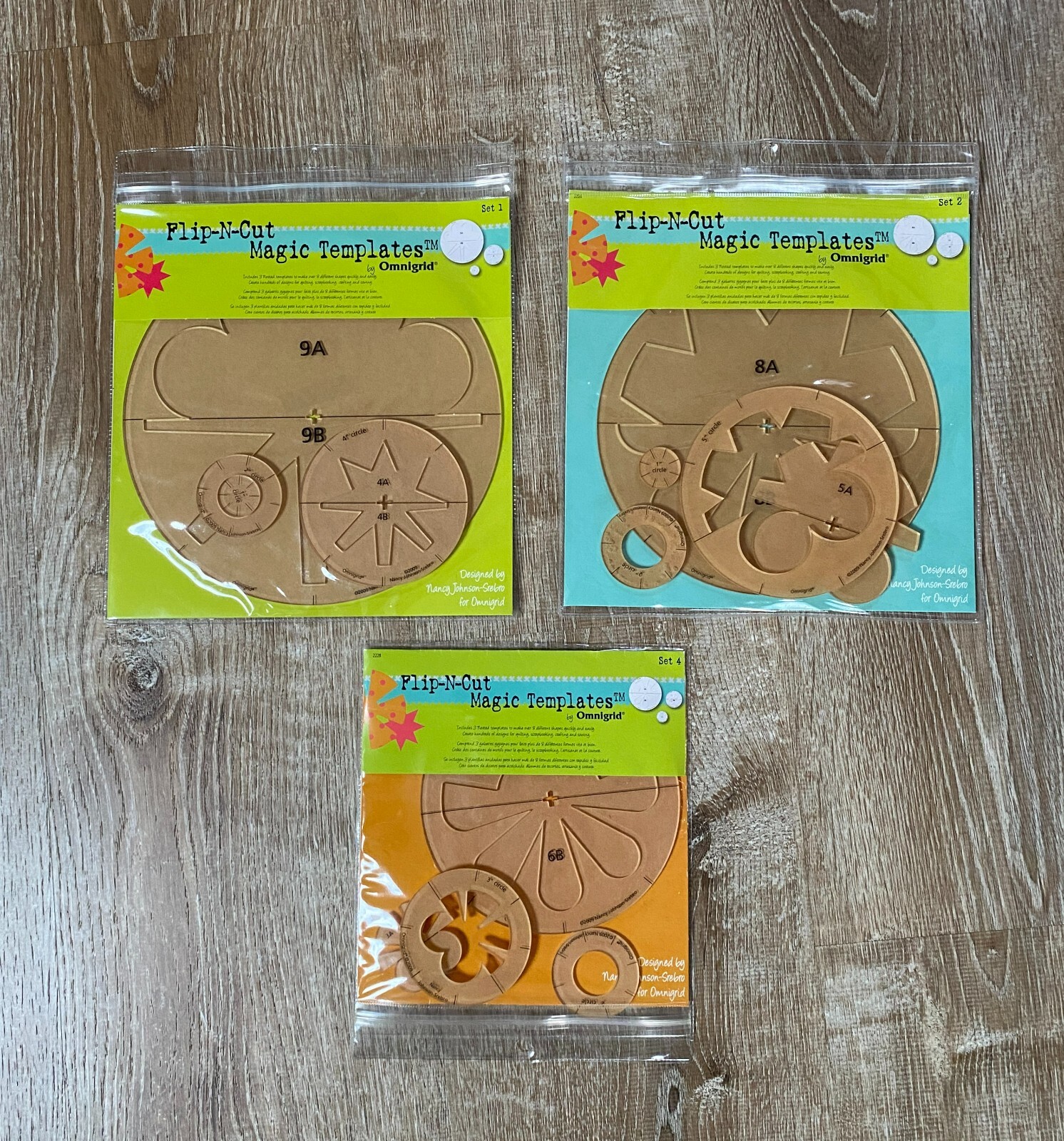 Omnigrid Lot of 3 Set of Flop-N-Cut Magic Templates (Set 1,2, 4) Quilt, Ets.