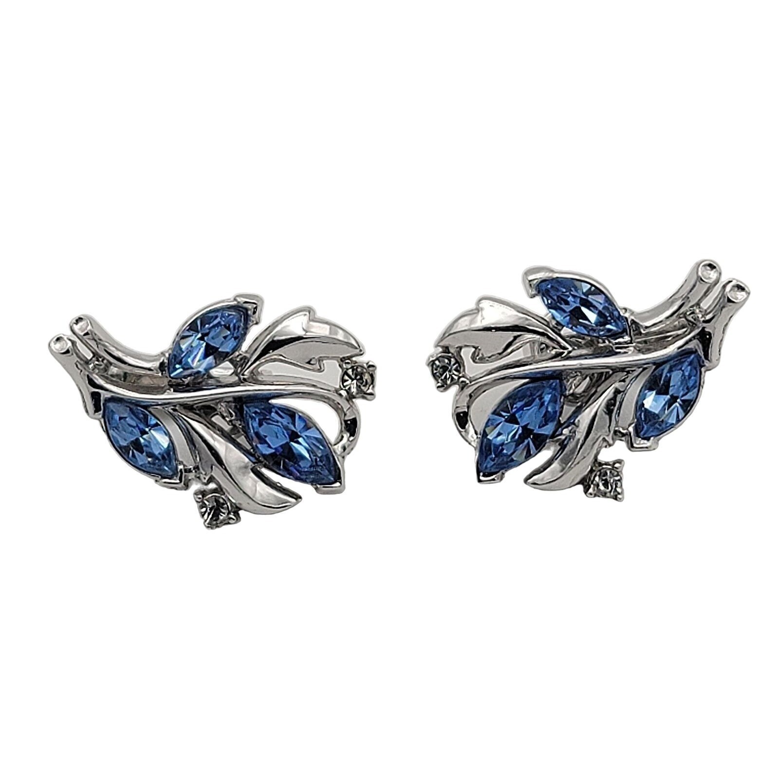 Vintage Crown Trifari Blue Navette  Stones Silver-plated Clip Earrings (V1023)