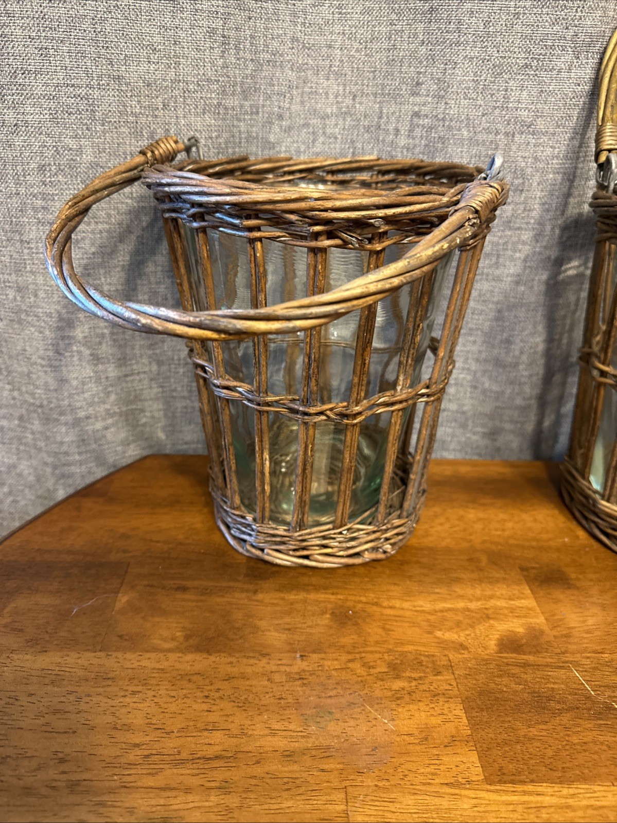 Lot of 2 Vintage Wicker Baskets With Glass Insert Plant Candle Flower Handles