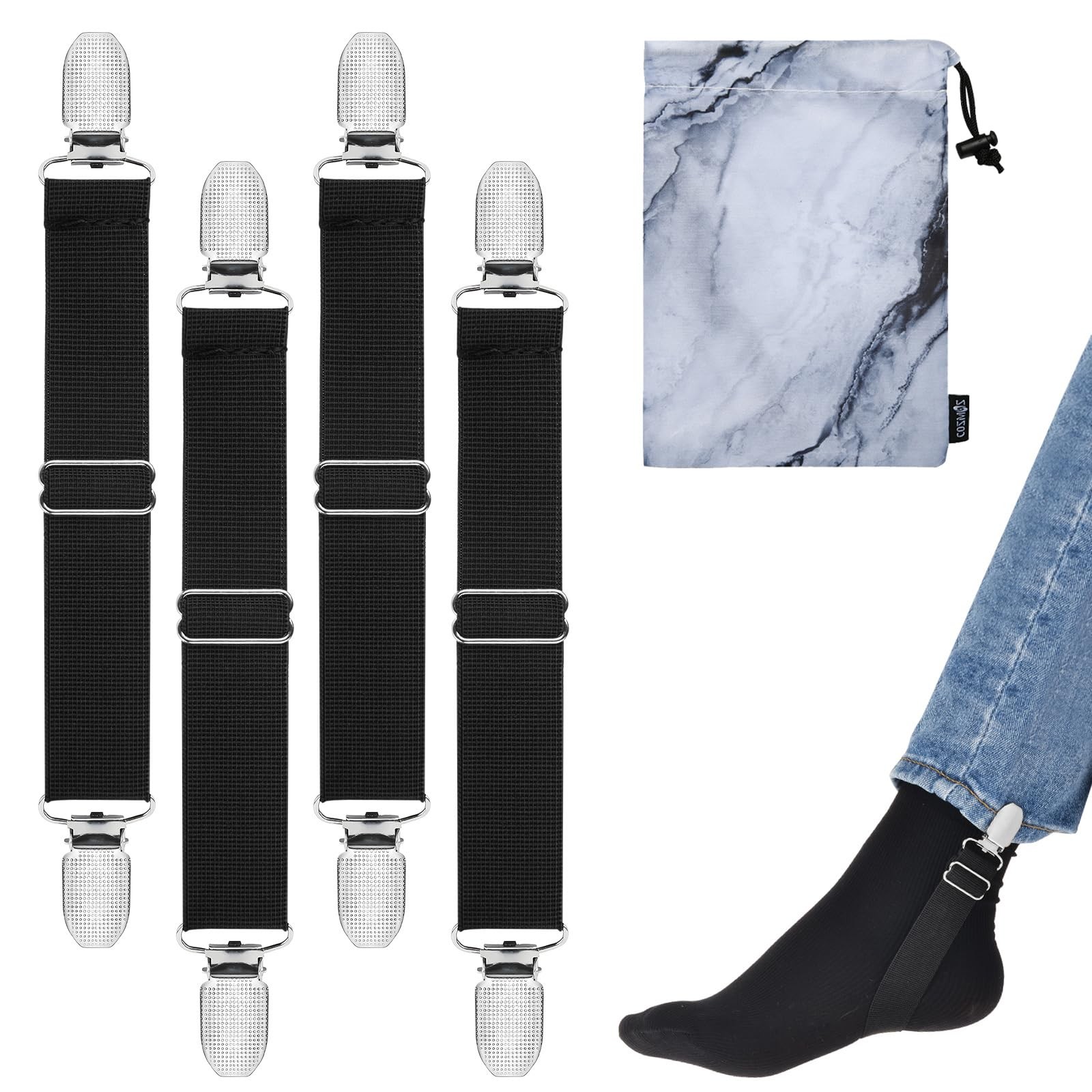Cosmos 4 Pcs Adjustable Elastic Boot Straps Stirrup Pants Clips Black