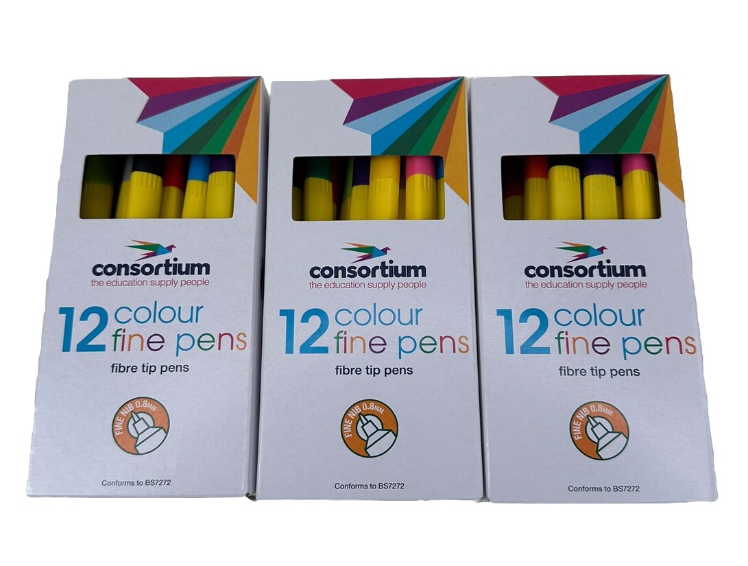 Fine Felt Tip Pens Consortium 12 Colours Colouring Pens Washable Ink 3 Packs