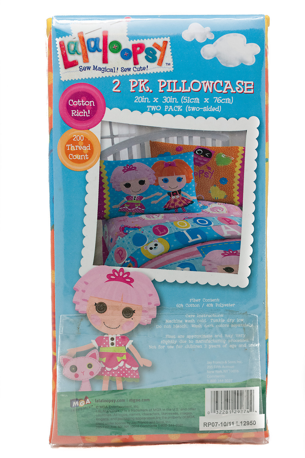 Lalaloopsy 2Pk. Set Pillowcase Cotton Rich 200 Fiber Pillowcases Cartoon Bedding