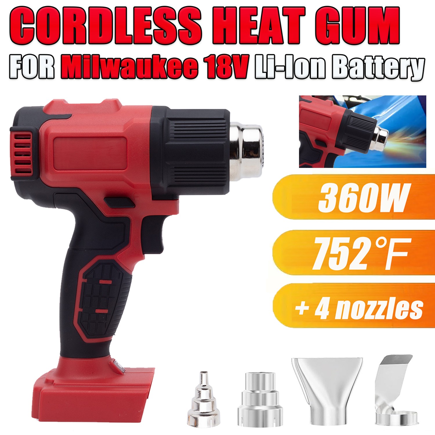 360W Cordless Hot Air Gun Heat Gun For Milwaukee 18V Li-ion Battery w/4 Nozzles