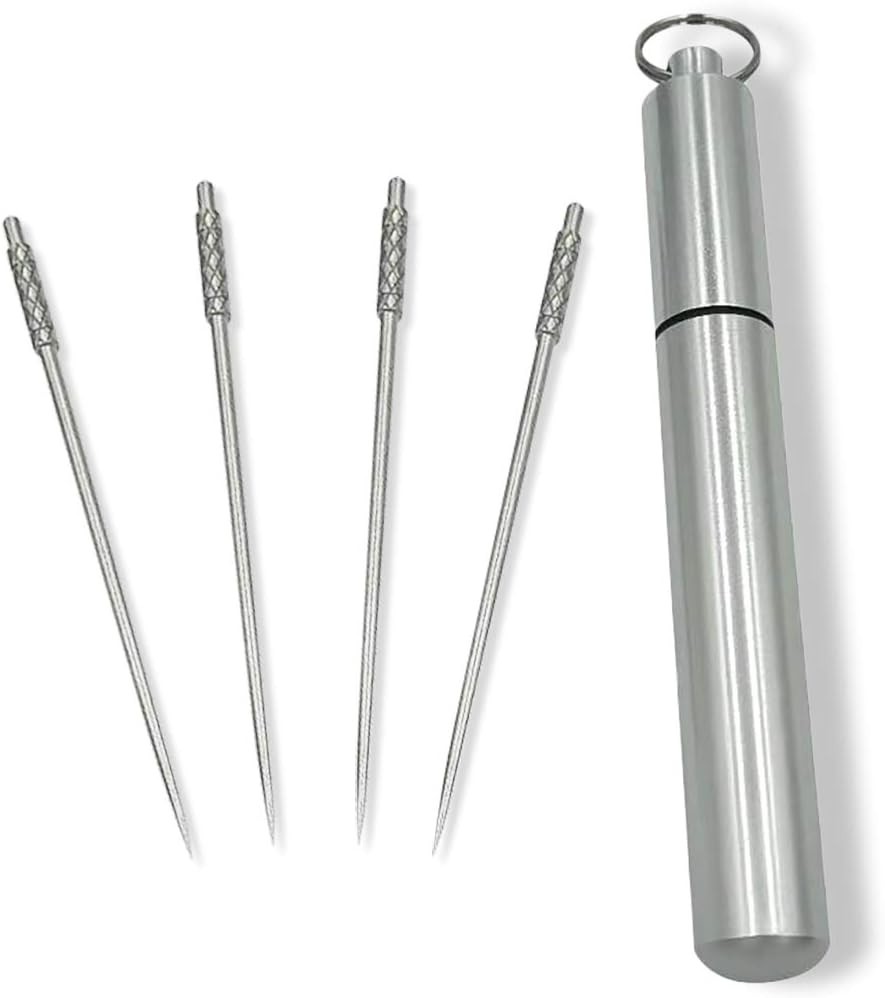 4 Pieces Titanium Toothpicks Set with Stainless Toothpick Holder for Keychain-Po