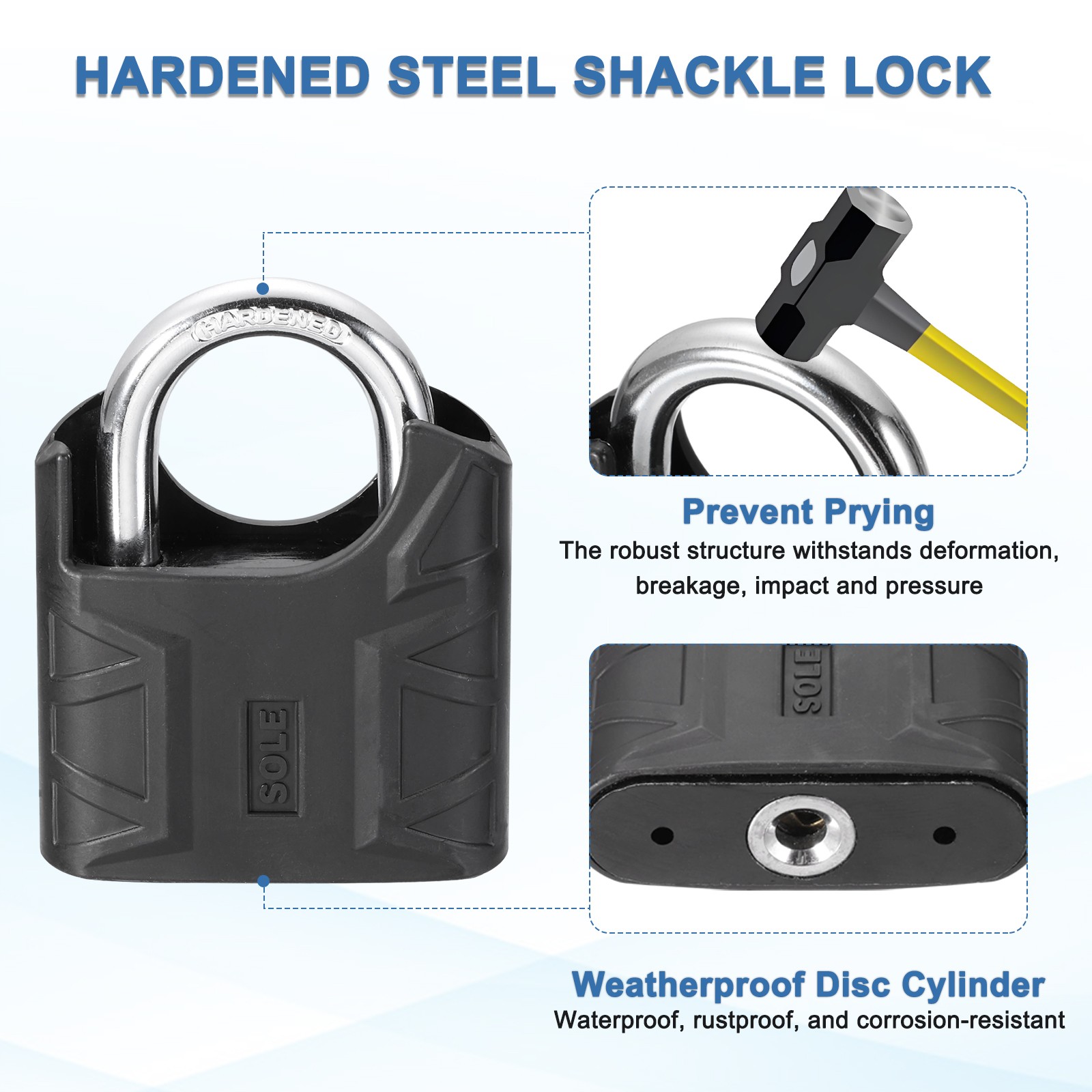 High Security Solid Steel Padlock with Key, Black (2-3/8 Inch)