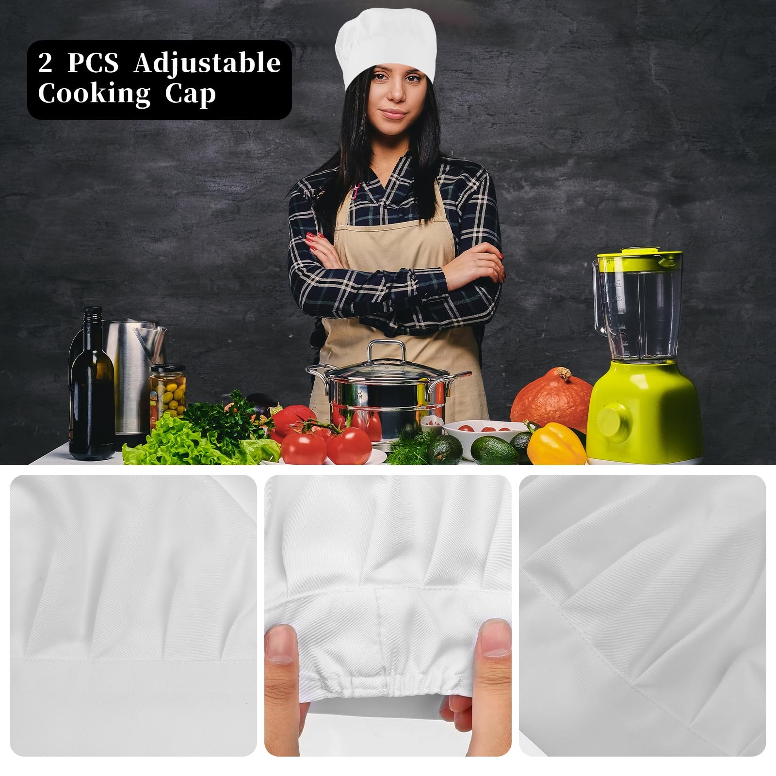 Tiesome 2Pcs Adjustable Elastic Chef Hat Reusable And Washable Durable Pure