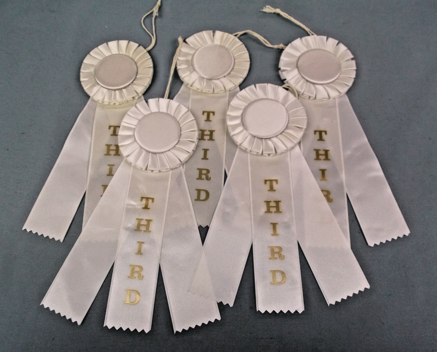 4‑Pack THIRD Place Rosette Ribbons – White Award – Triple Streamer – 3” Pleated