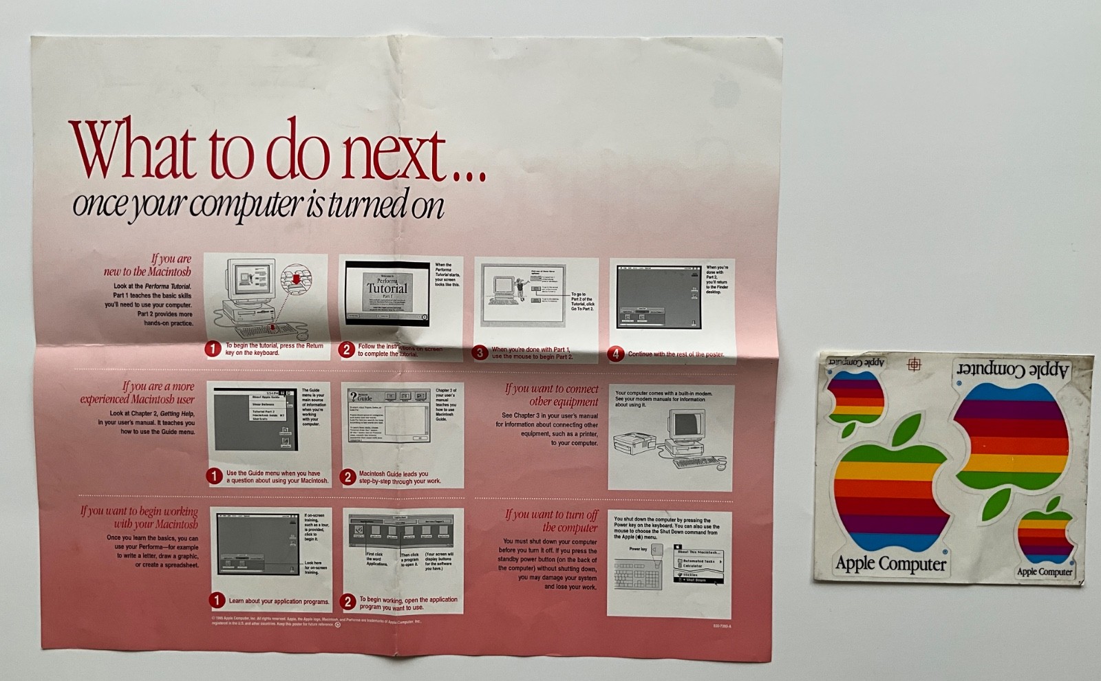 1995 Macintosh Performa Computer Instruction Poster & Apple Rainbow Stickers