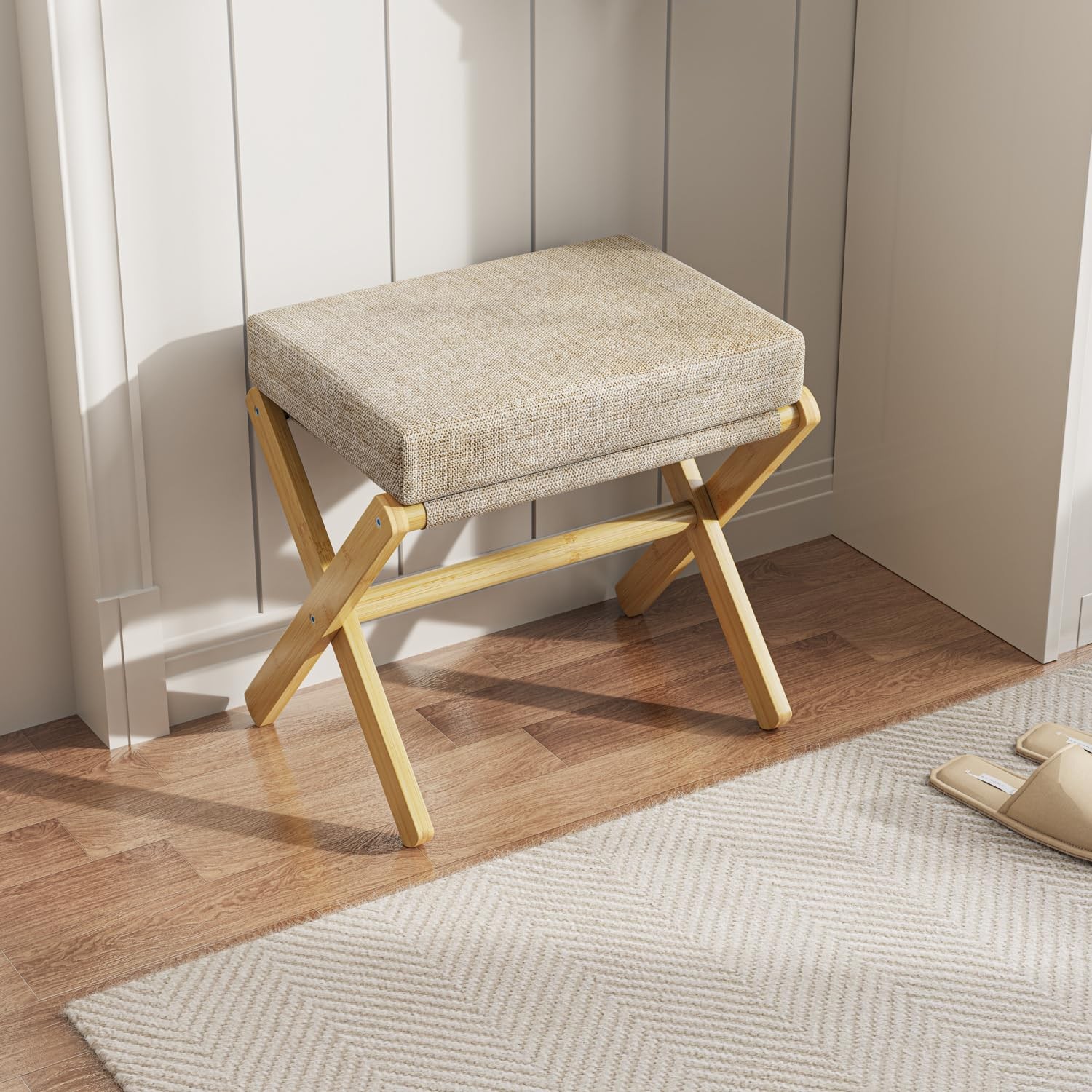 Foldable Foot Stool Ottoman, Modern Foot Rest with Bamboo X Legs & Thick Foam...