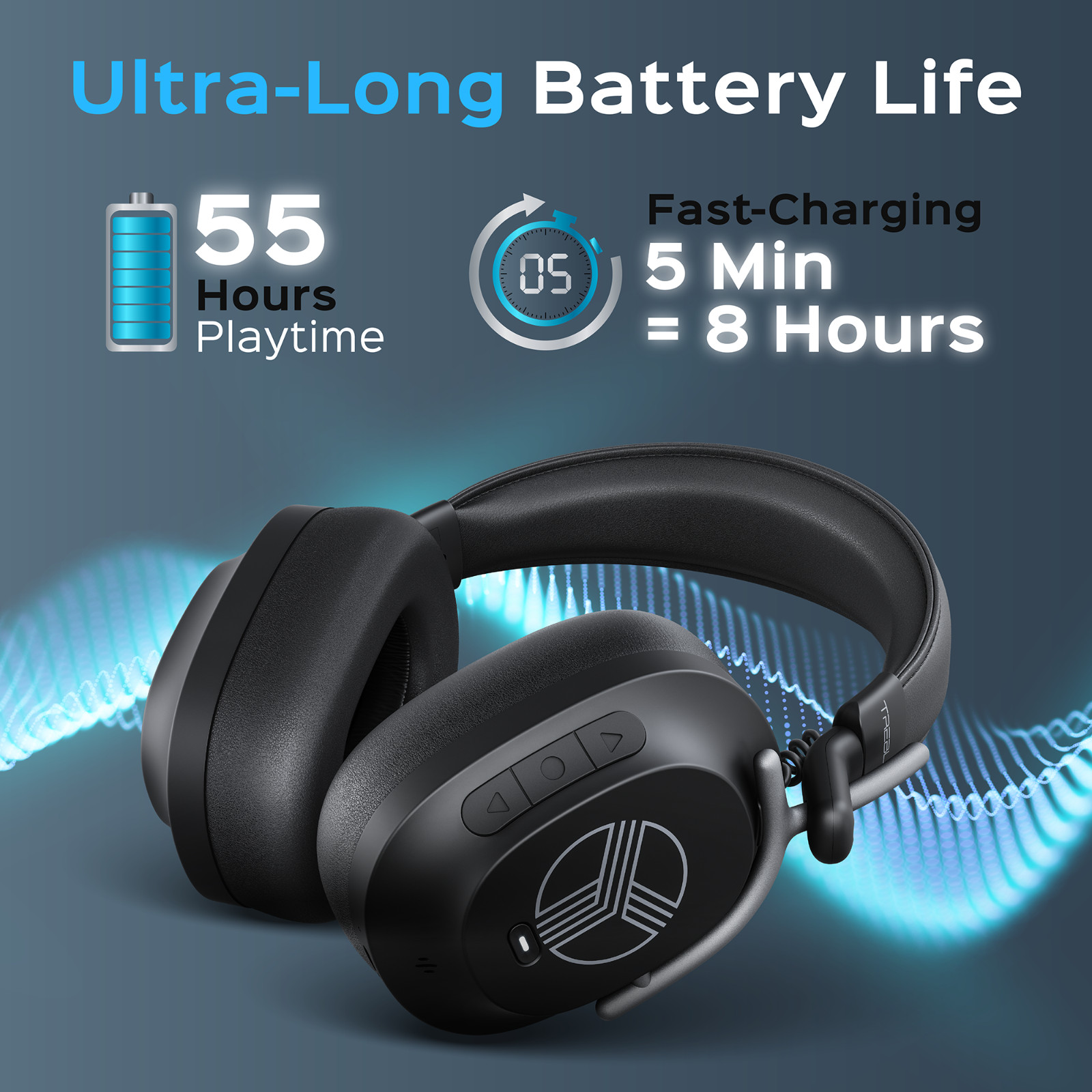TREBLAB U5 - Hybrid Active Noise Cancelling Headphones Over-Ear 55 Playtime