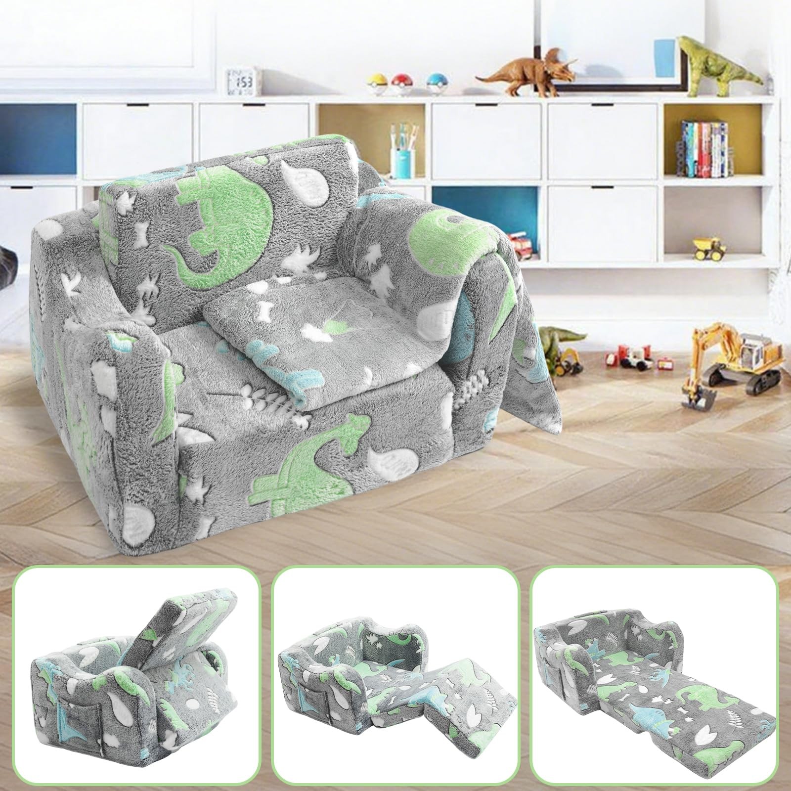 2-in-1 Soft Plush Toddler Couch & Chair – Fold Out Convertible Sofa to Lounge...