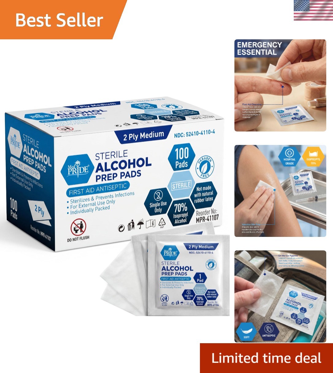 Latex-Free Alcohol Prep Pads, Extra Soft & Sterile - 100 Individually Wrapped
