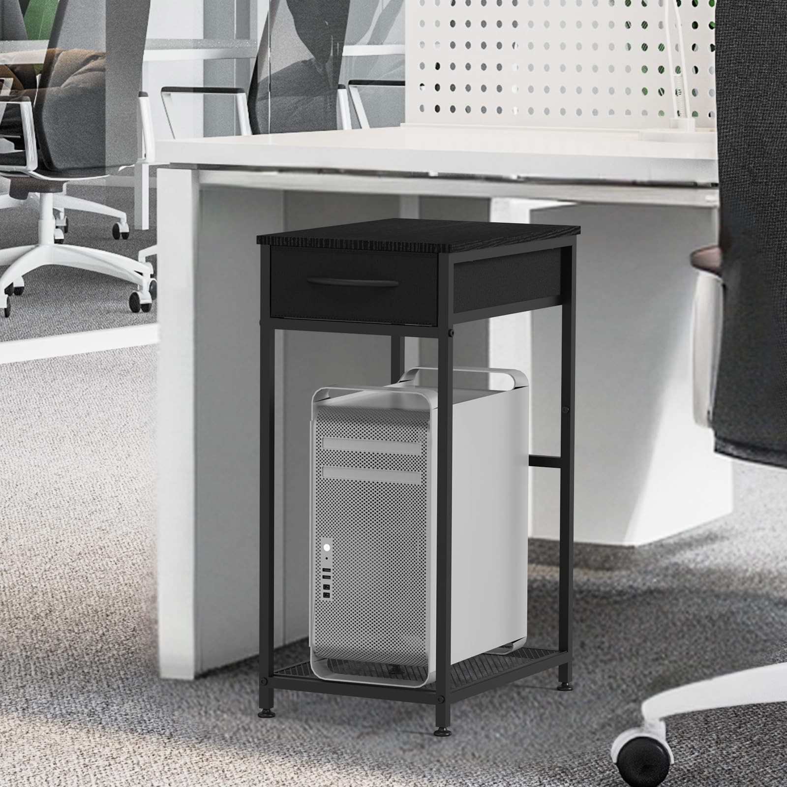 2 Tier PC Stand - Black Computer Tower Stand with Fabric Drawer, Modern Print...