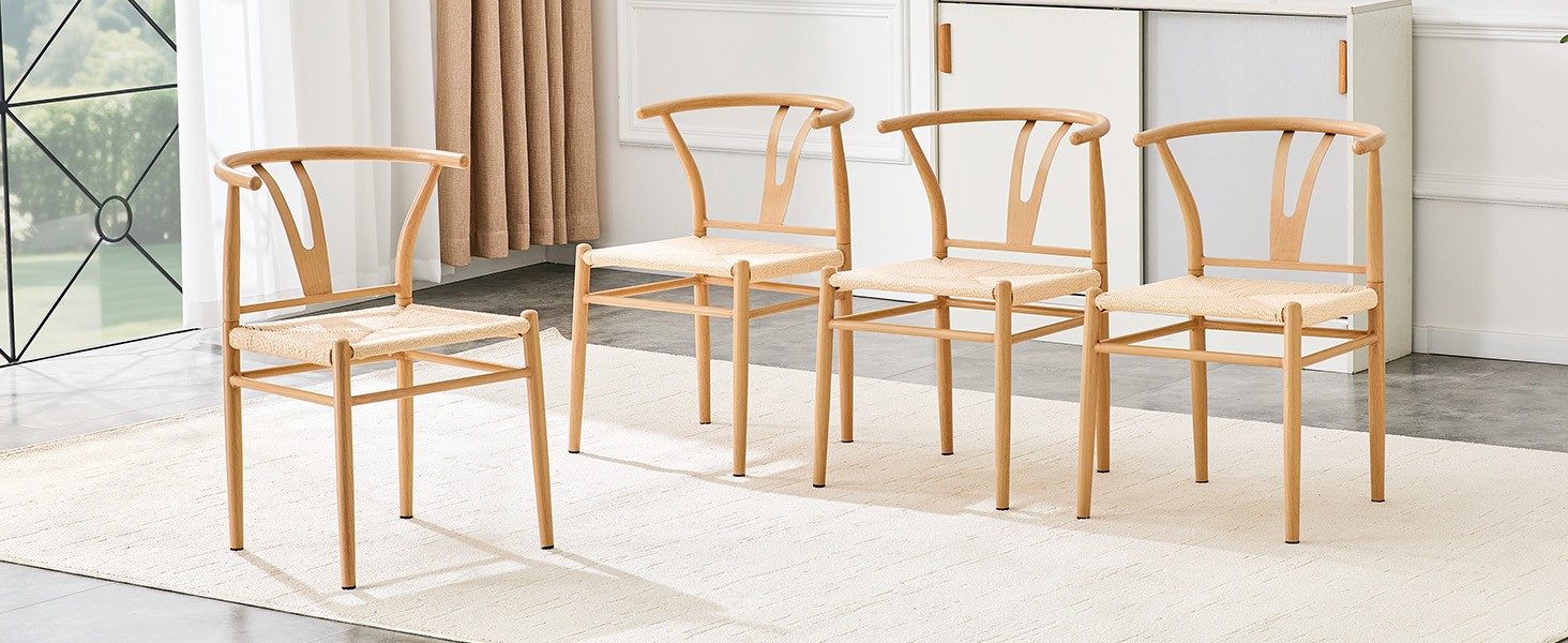 Modern Wishbone Dining Chair Iron Metal Farmhouse Woven Seat Set of 2