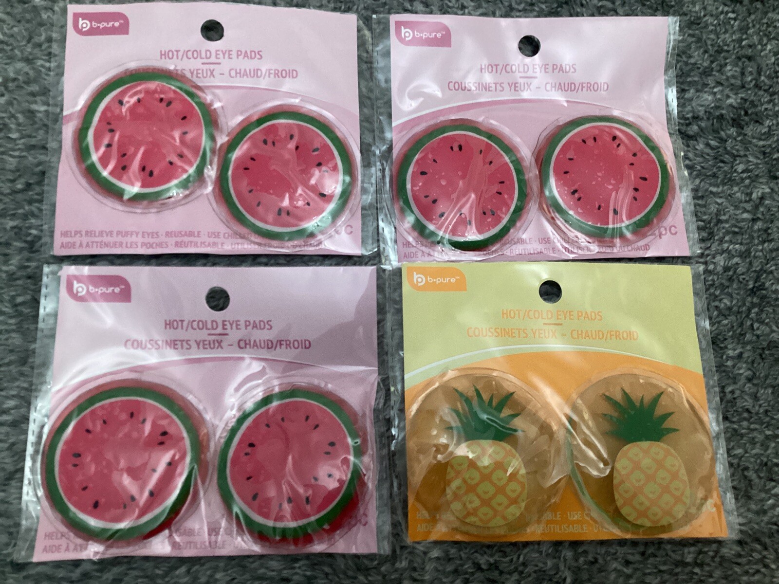 B-Pure Hot/Cold Eye Pads - New - 3 Watermelons 1 Pineapple Lot Of 4 Packs