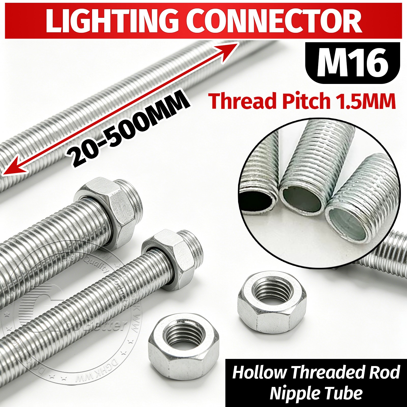 M16 Hollow Threaded Rod Nipple Tube Zinc Plated iron Lighting Connector 20-500mm