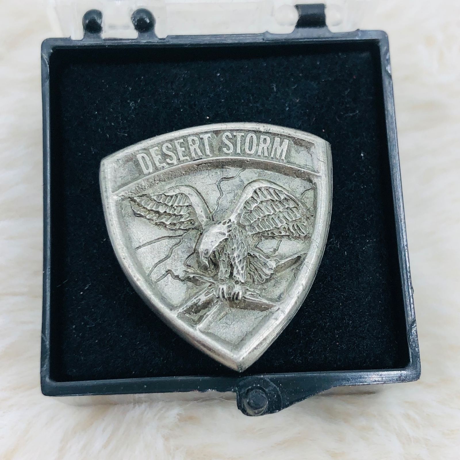 Vtg Desert Storm Pewter Lapel Pin Badge - Eagle Shield w/ Box