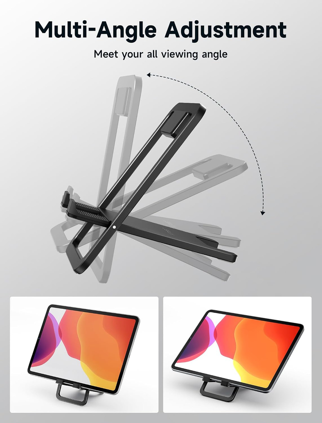 Tablet Stand, Adjustable Fold-Flat Holder, Alloy, Black, Compatible with iPads