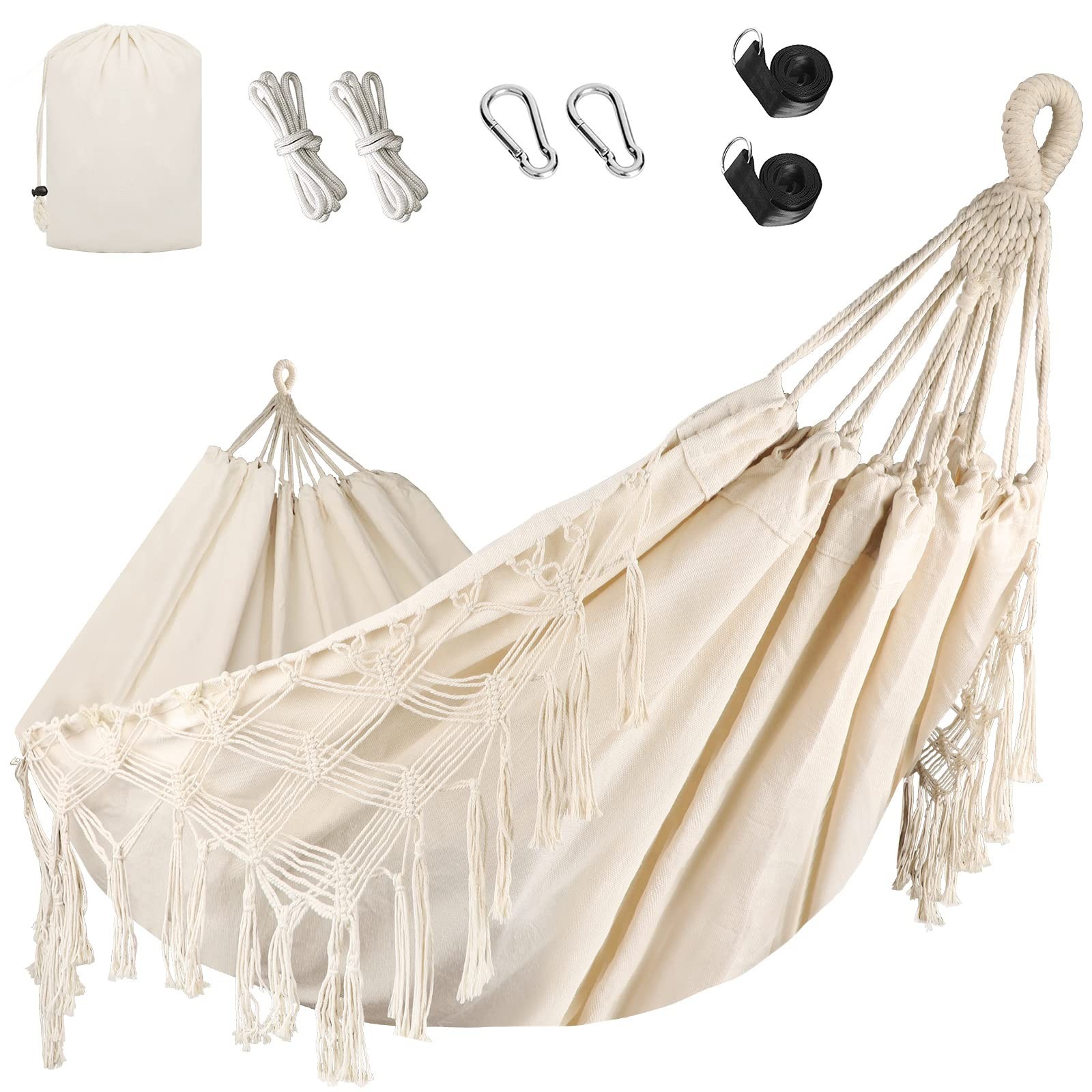 Bellzacasa Double Hammock, Heavy Duty 500 lb Load Capacity Tassels and Fishta...
