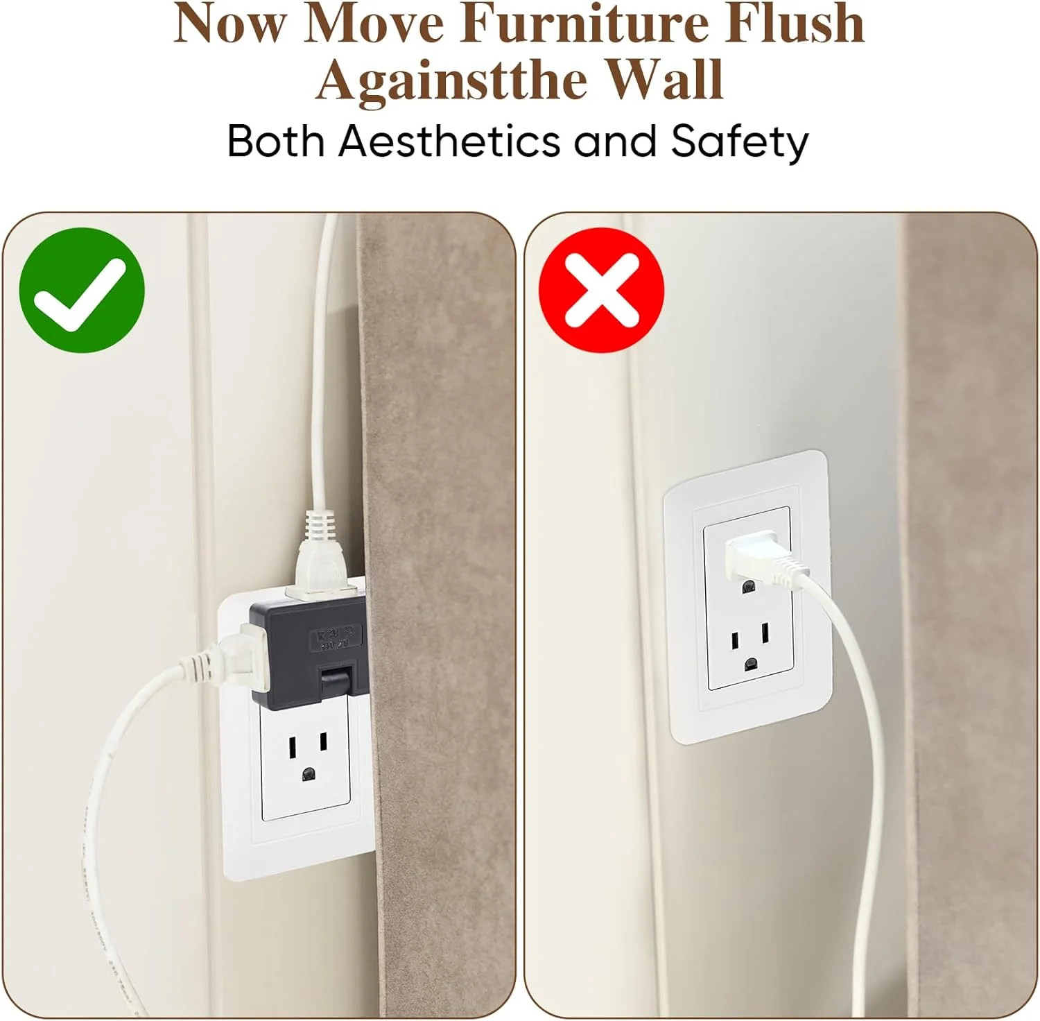 3 Way Flat Wall Outlet Extender Adapter- 2 Pack 180 Degrees Rotatable Flat Plug