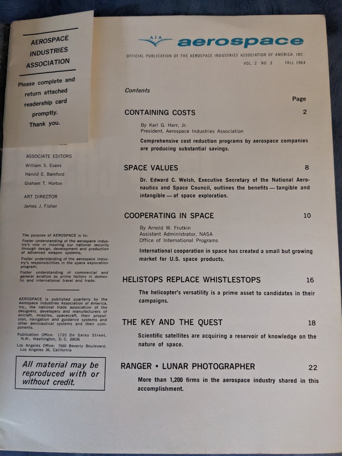 Aerospace Offical Industry publication For Scientists Engineers Fall 1964