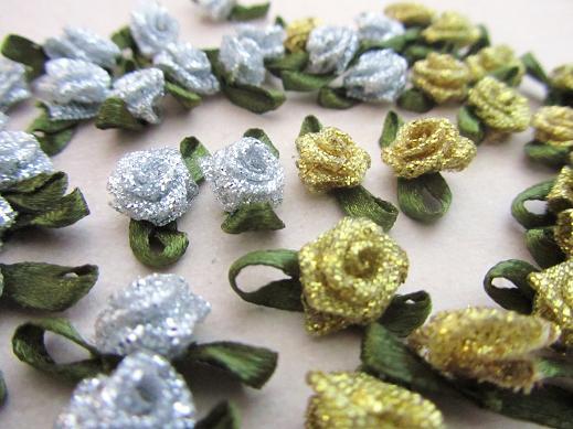 100 Metallic Ribbon Rose Flower+Satin Leaf/Craft/Trim F59-Gold/Silver Pick Color