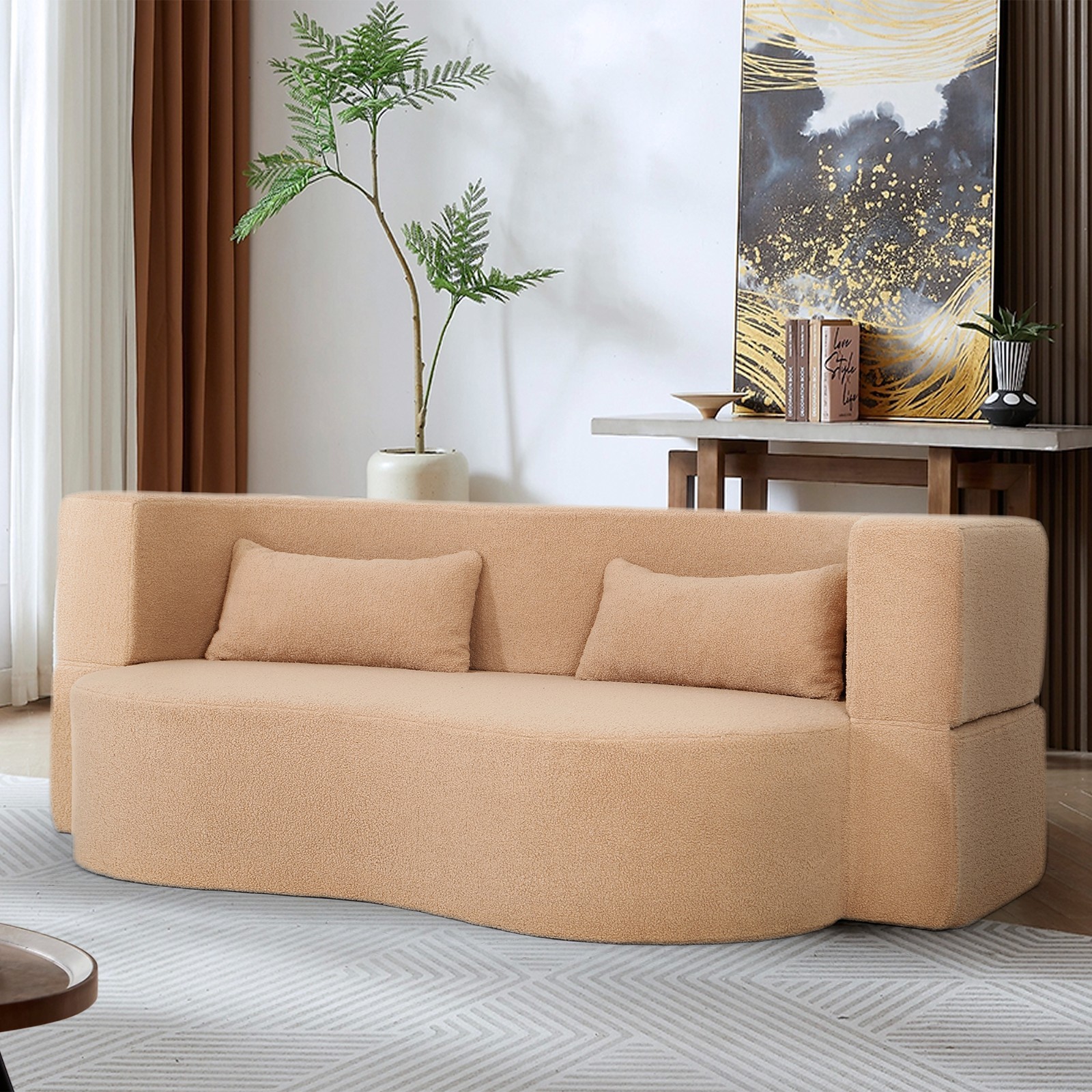 2 in 1 Convertible Sofa Bed Full Size Folding Couch Teddy Loveseat with 2 Pillow