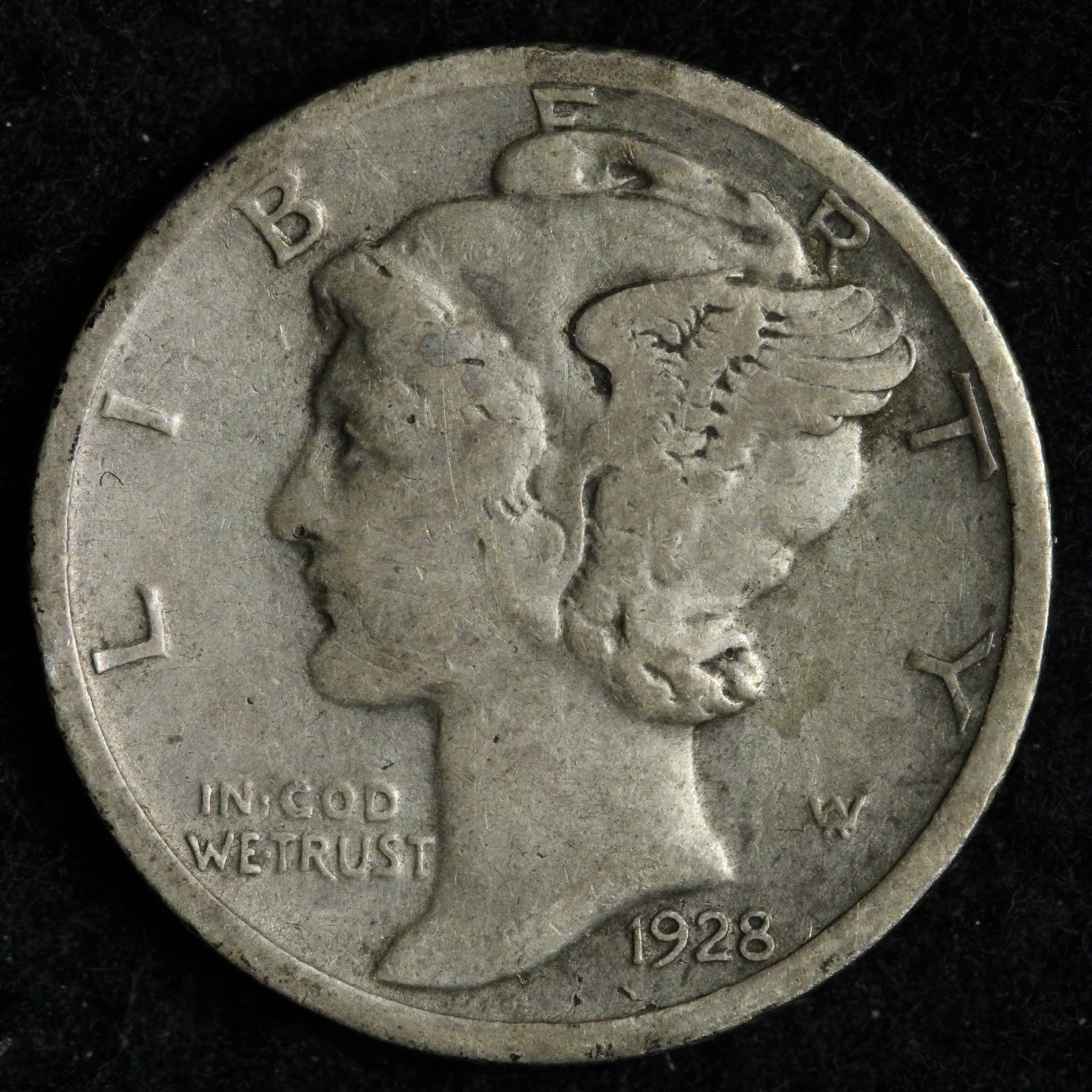 1928-D Mercury Silver Dime XF E306 VGNL