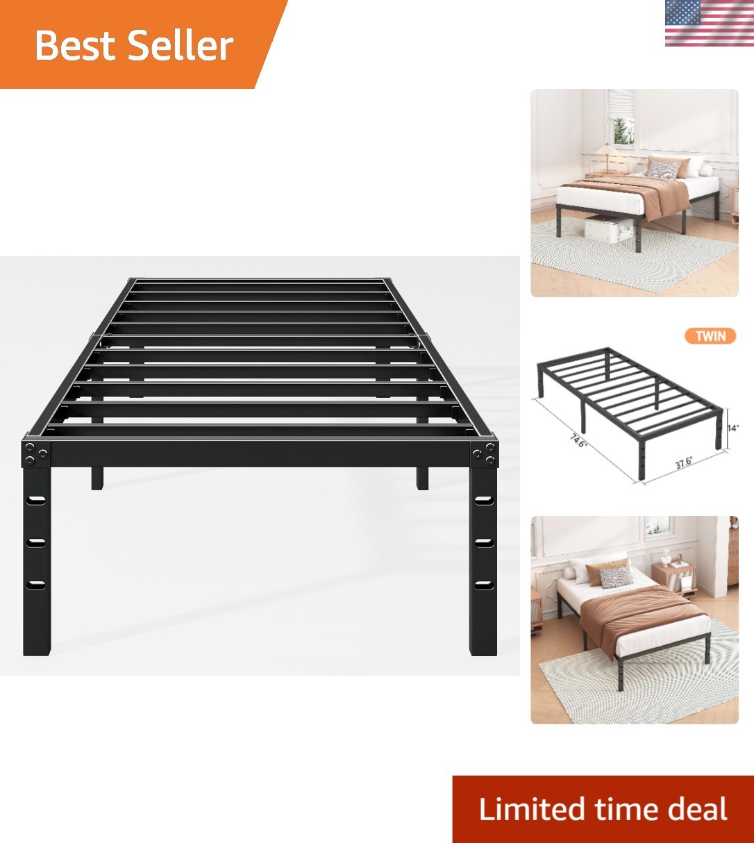 Elegant 14-Inch Twin Bed Frame - Heavy Duty Metal with Under-Bed Storage, Black