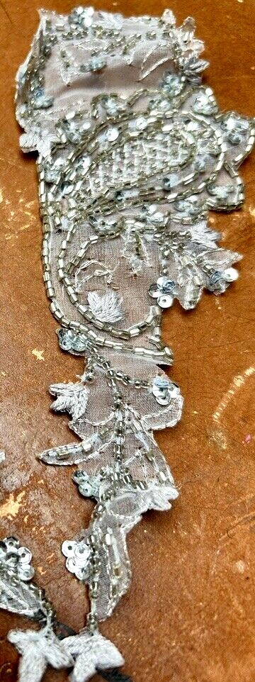 applique embroidered beaded paisley 3x7.5" hand sewn 1pc silver