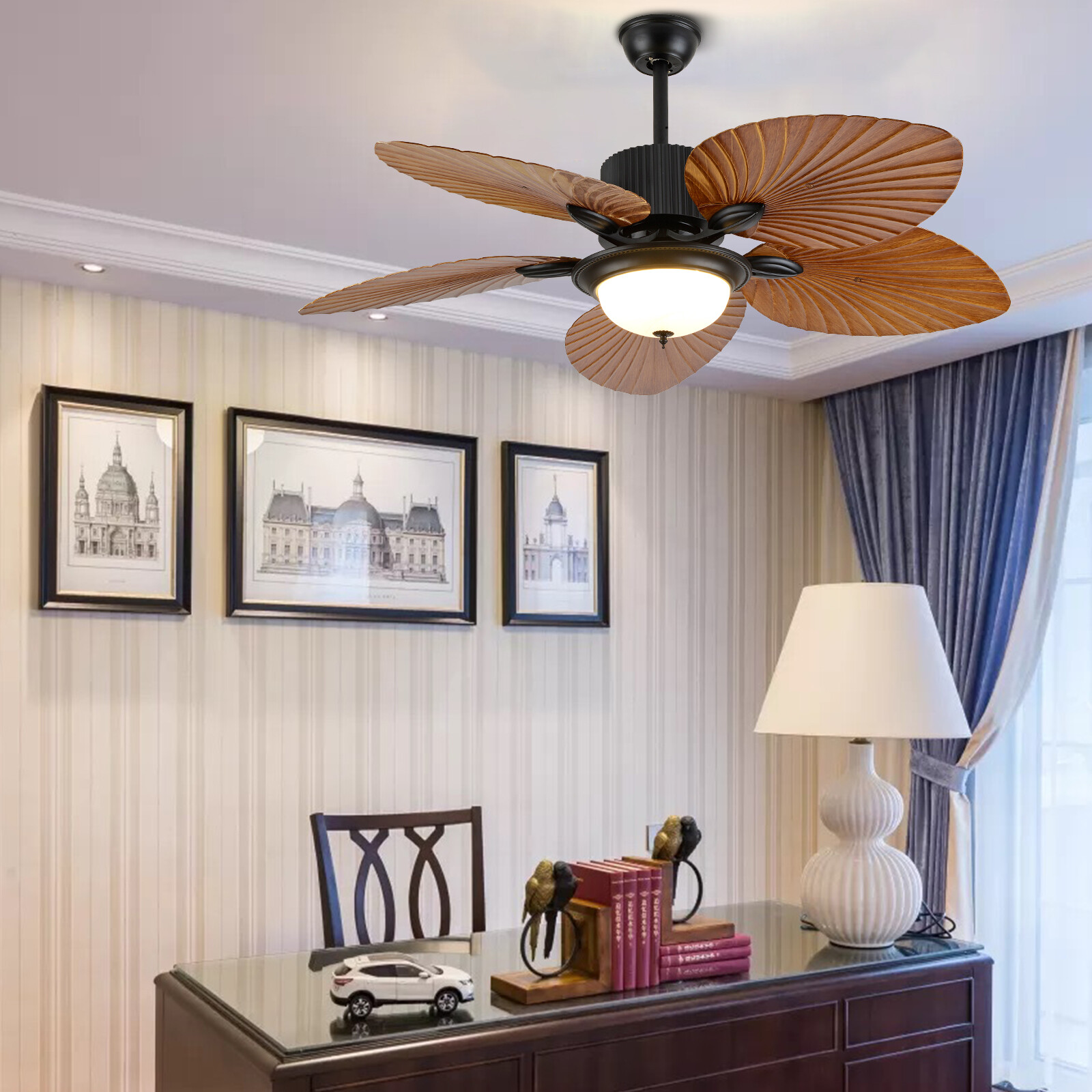 Ceiling Fan Light 52" Tropical Palm Leaf Blades Chandelier Dimmable & Remote