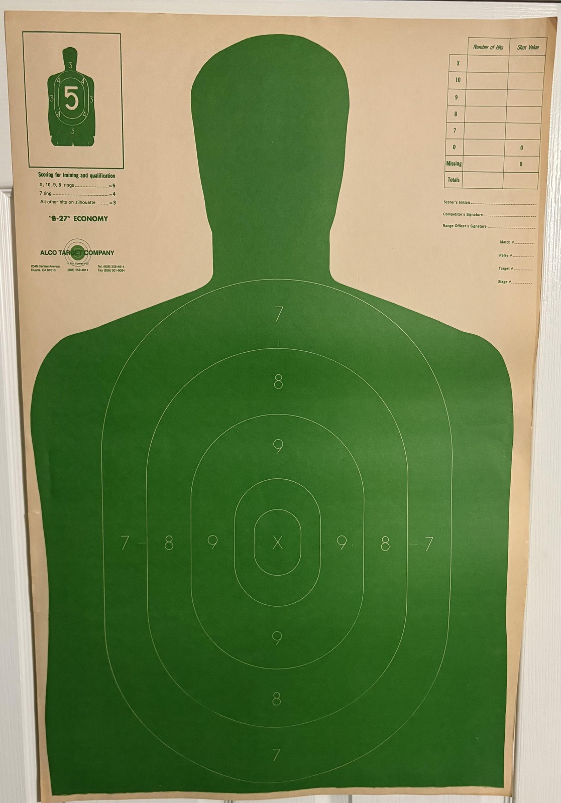 ALCO B-27 Economy Green Silhouette Paper Shooting Target Range Practice Training