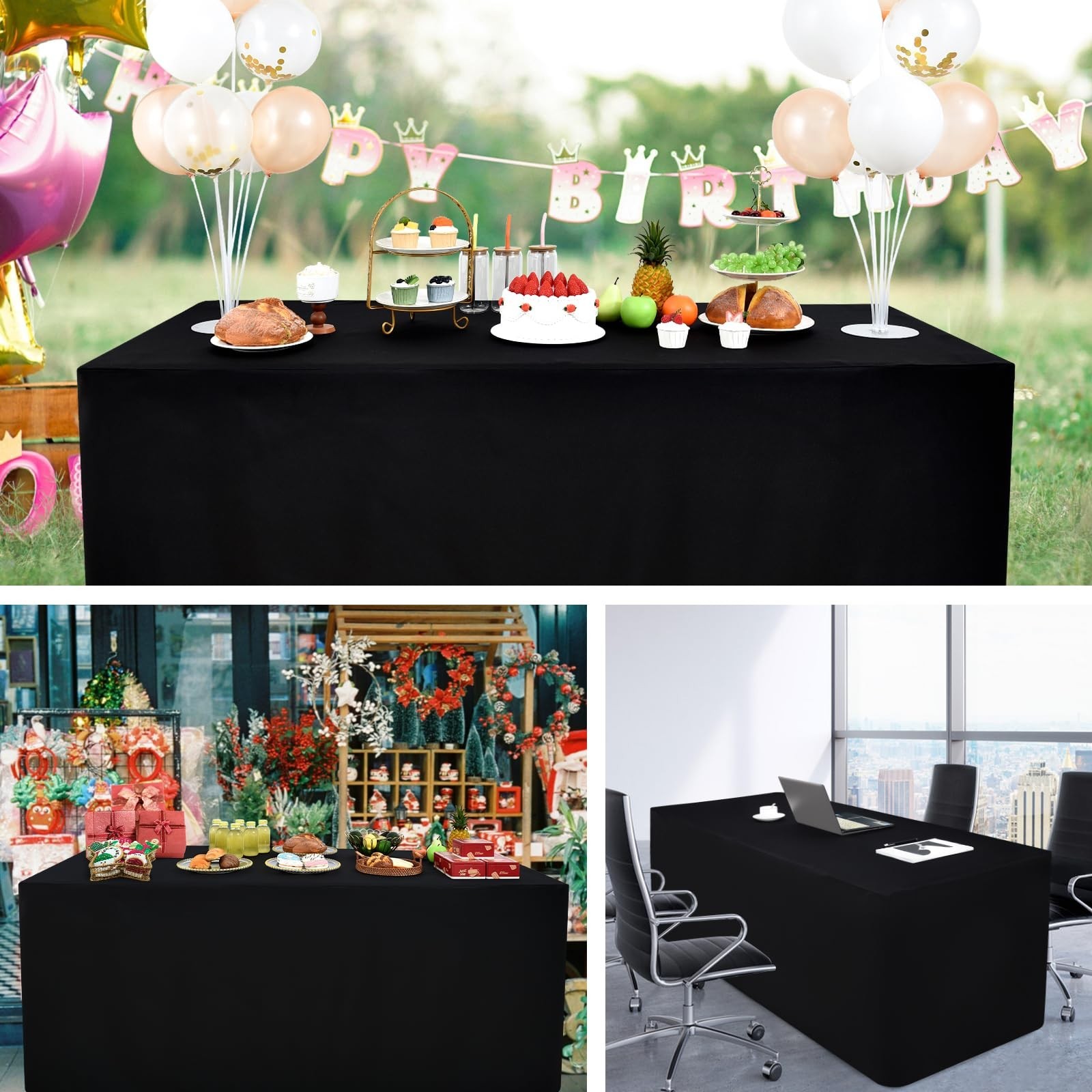 60X30 Inch Black Rectangle Fitted Tablecloth Open Back Fitted Table Cloth Was...