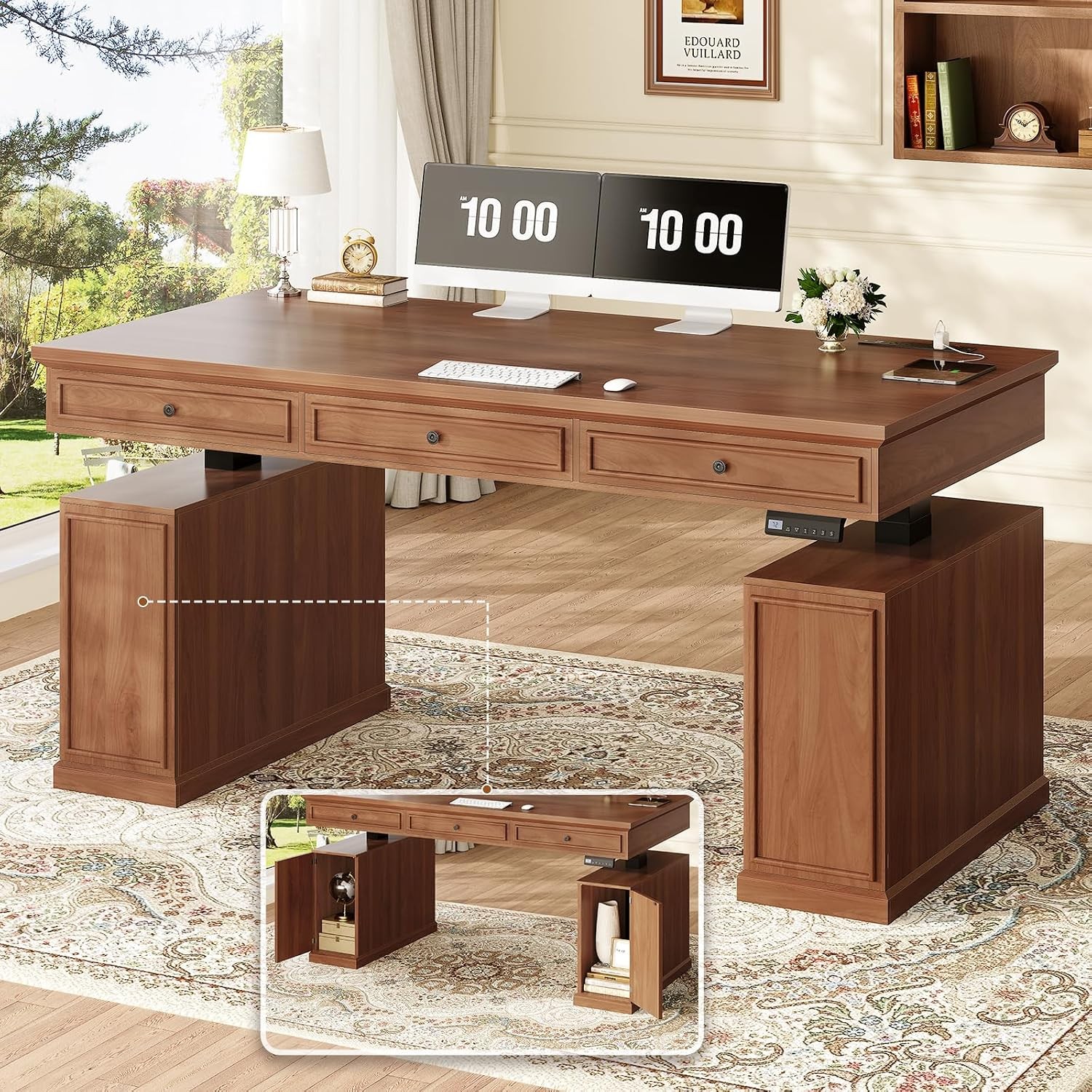 55.1" Farmhouse Executive Electric Standing Desk W/ 3 Drawers Height Adjustable