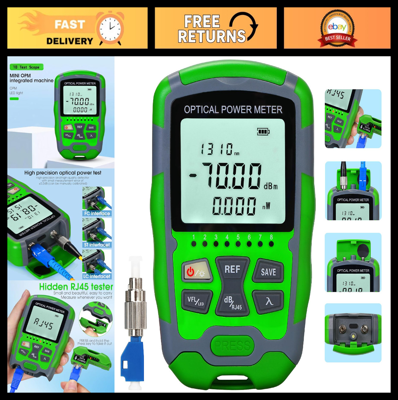 Portable Fiber Optic Power Meter -70 to +10 dBm, Network Tester, FC/SC/ST & RJ45