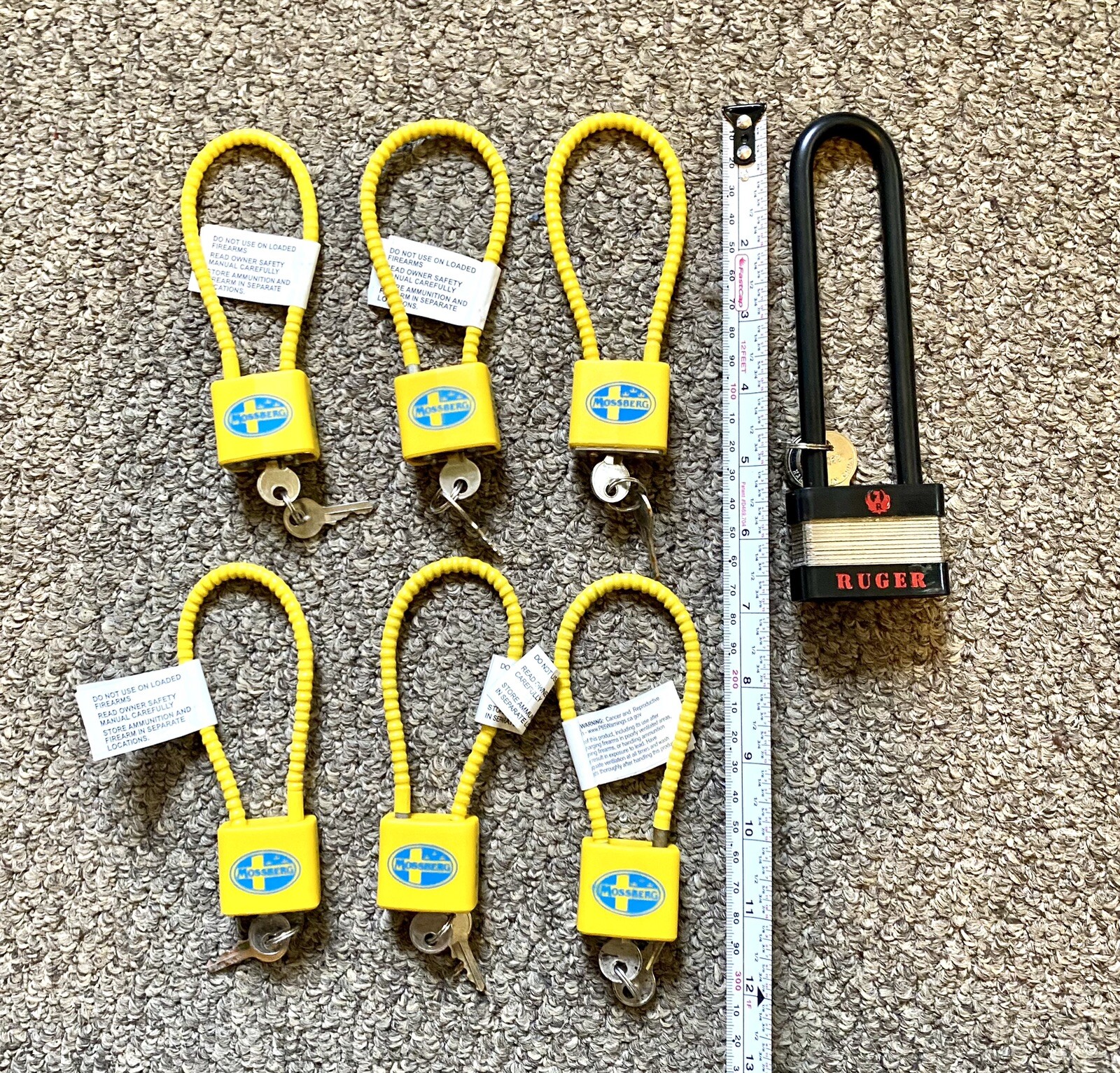 1 Ruger 6 Mossberg Yellow Cable Shotgun Firearm Safety Lock, 2 Keys Each NEW