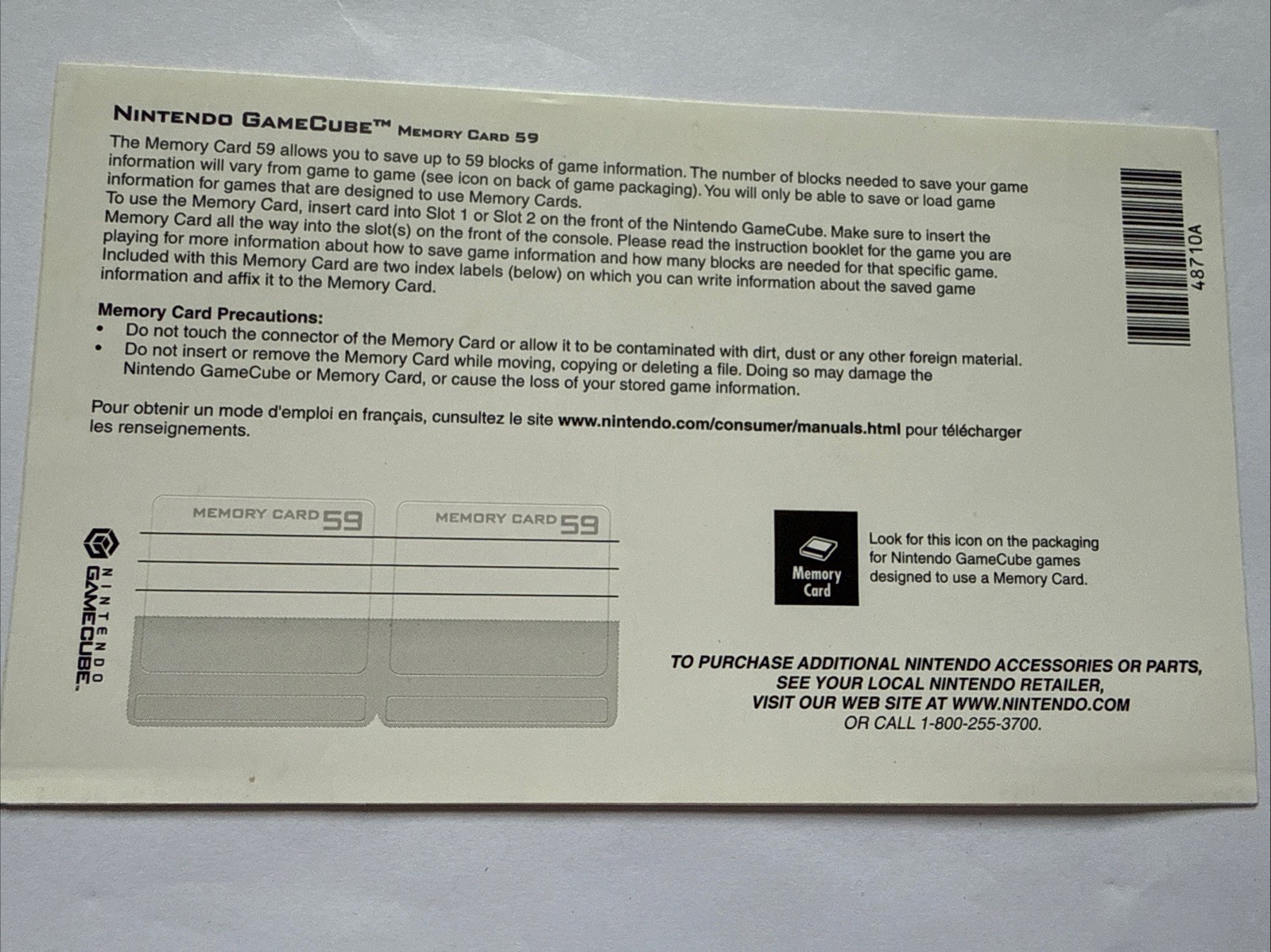 Nintendo Gamecube Console System Memory Card 59 Sticker Label Insert ONLY
