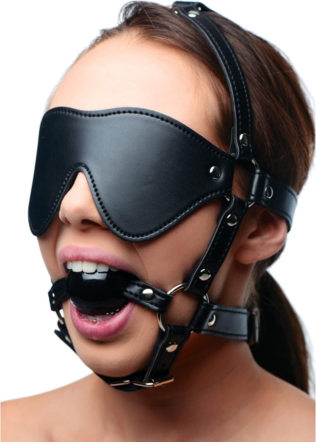 Classic Black Blindfold Harness and Ball Gag Set Adjustable Design for Adults