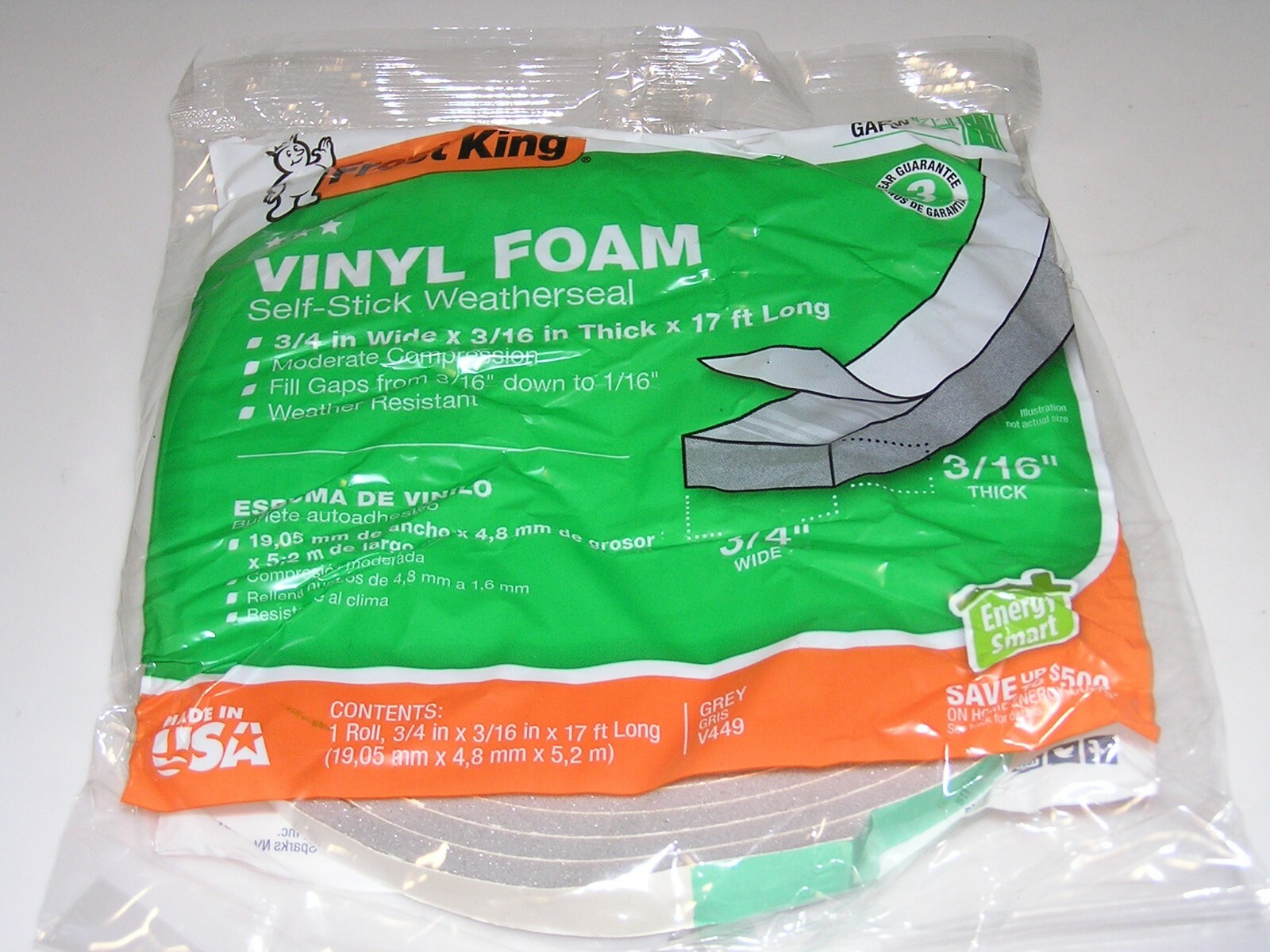 Frost King V449H Vinyl Foam Tape, 3/4" W, 3/16" Thick, 17' L, Grey